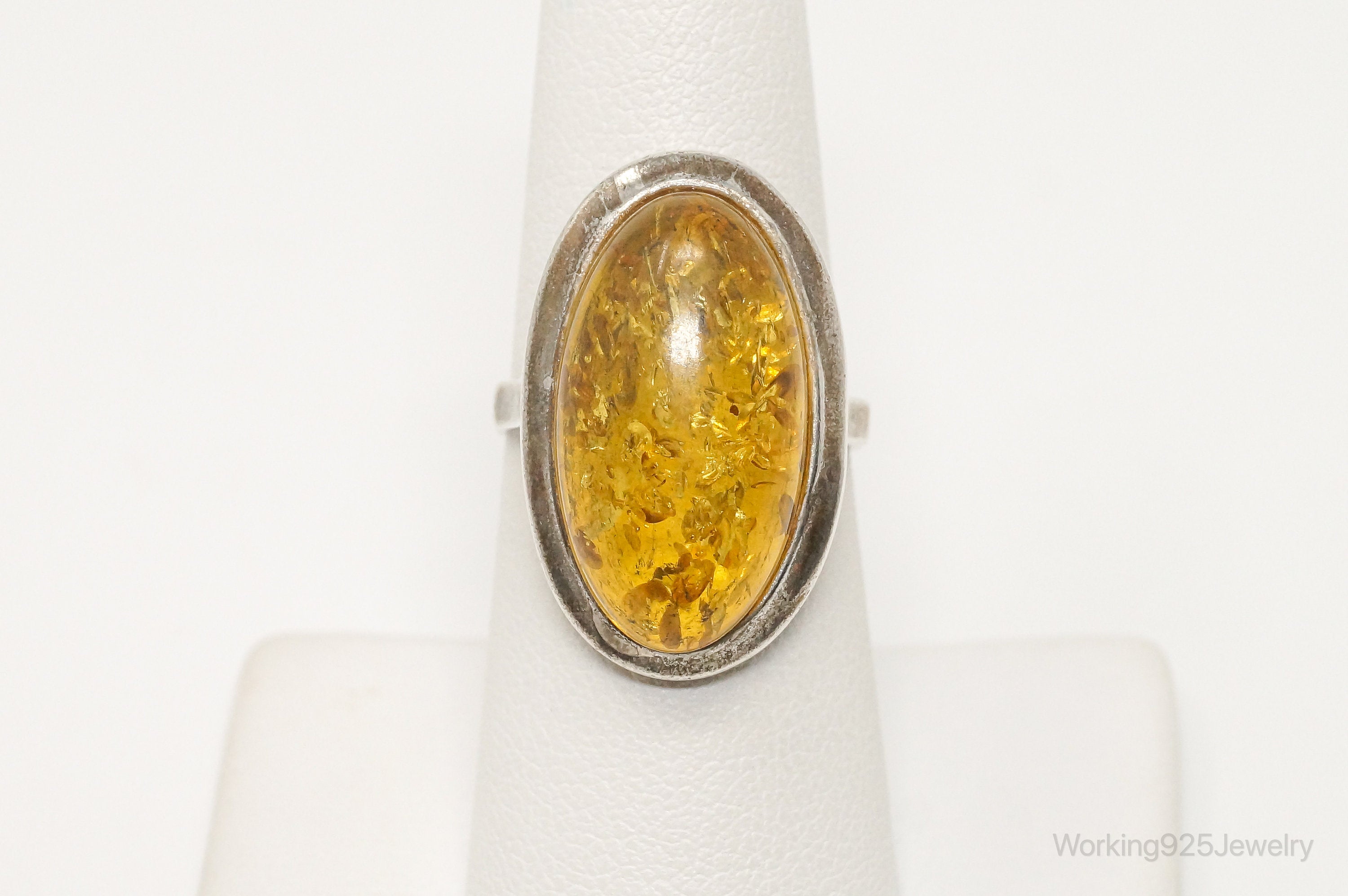 Vintage Large Amber Modern Sterling Silver Ring - Sz 7