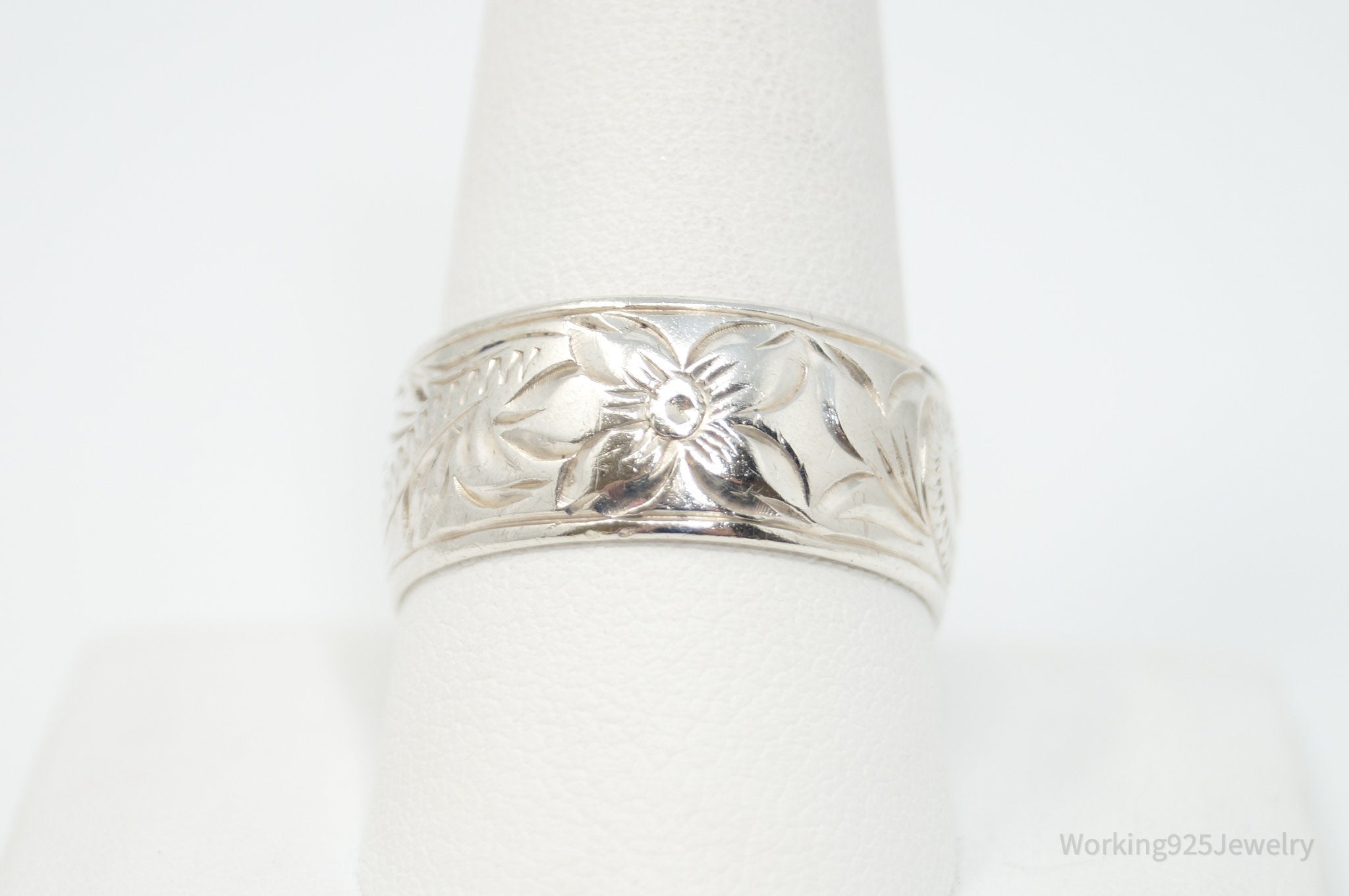 Vintage Designer Art Nouveau Floral Etched Sterling Silver Band Ring - Sz 10.75