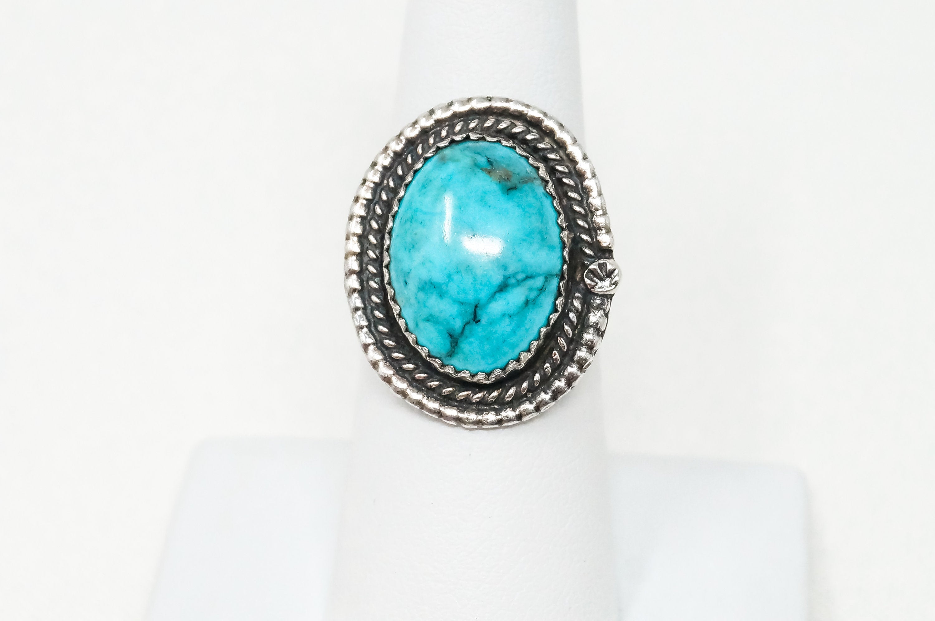 Vintage Handmade Turquoise Rope Southwestern Sterling Silver - Sz 6.5