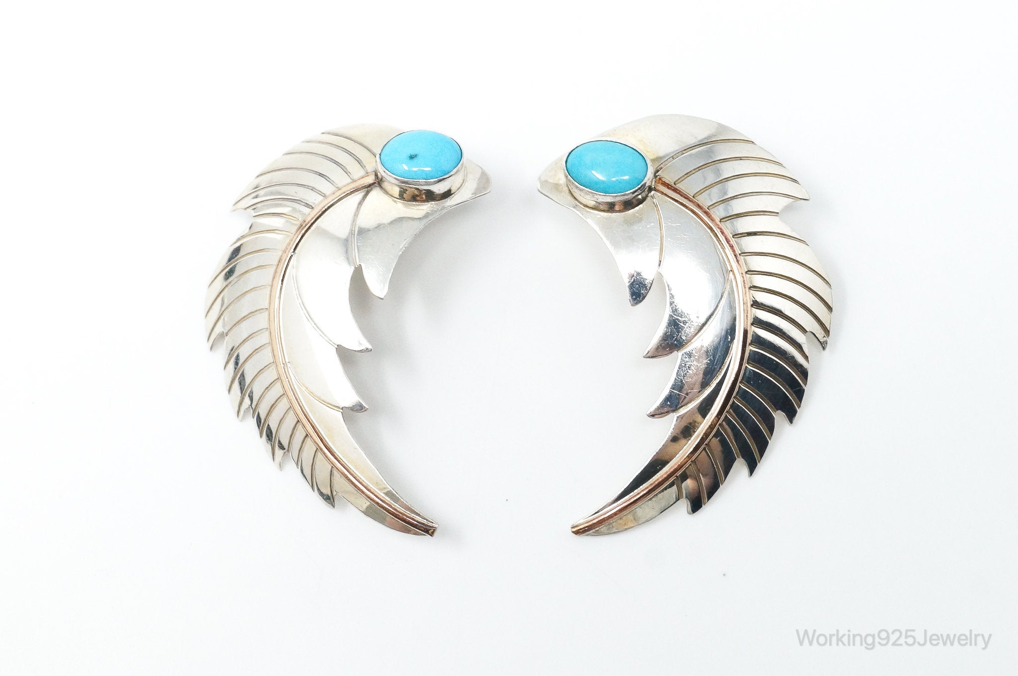 Large Vintage Native American Turquoise Feather Sterling Silver Earrings