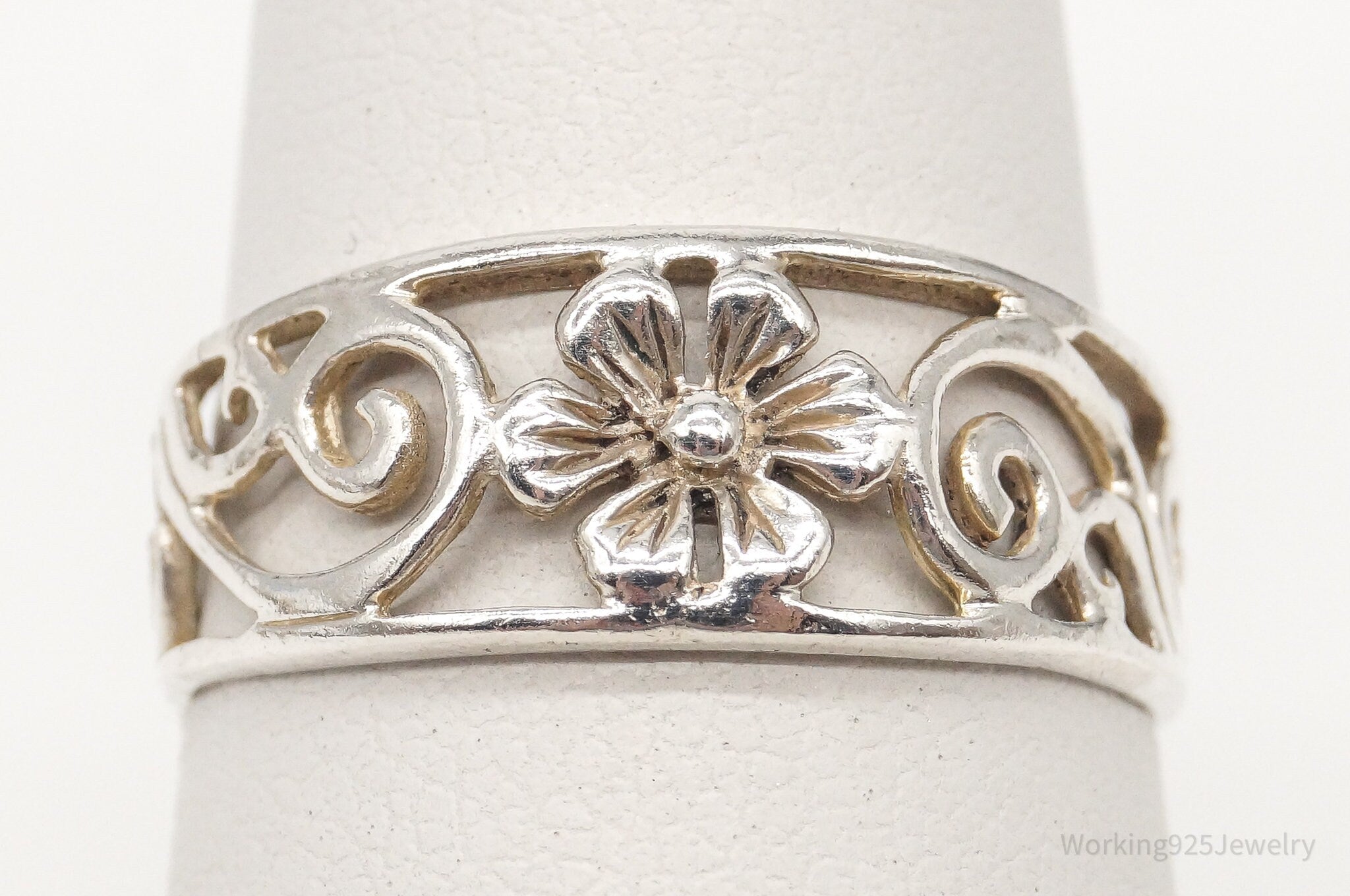 Vintage Flower Sterling Silver Band Ring - Size 6