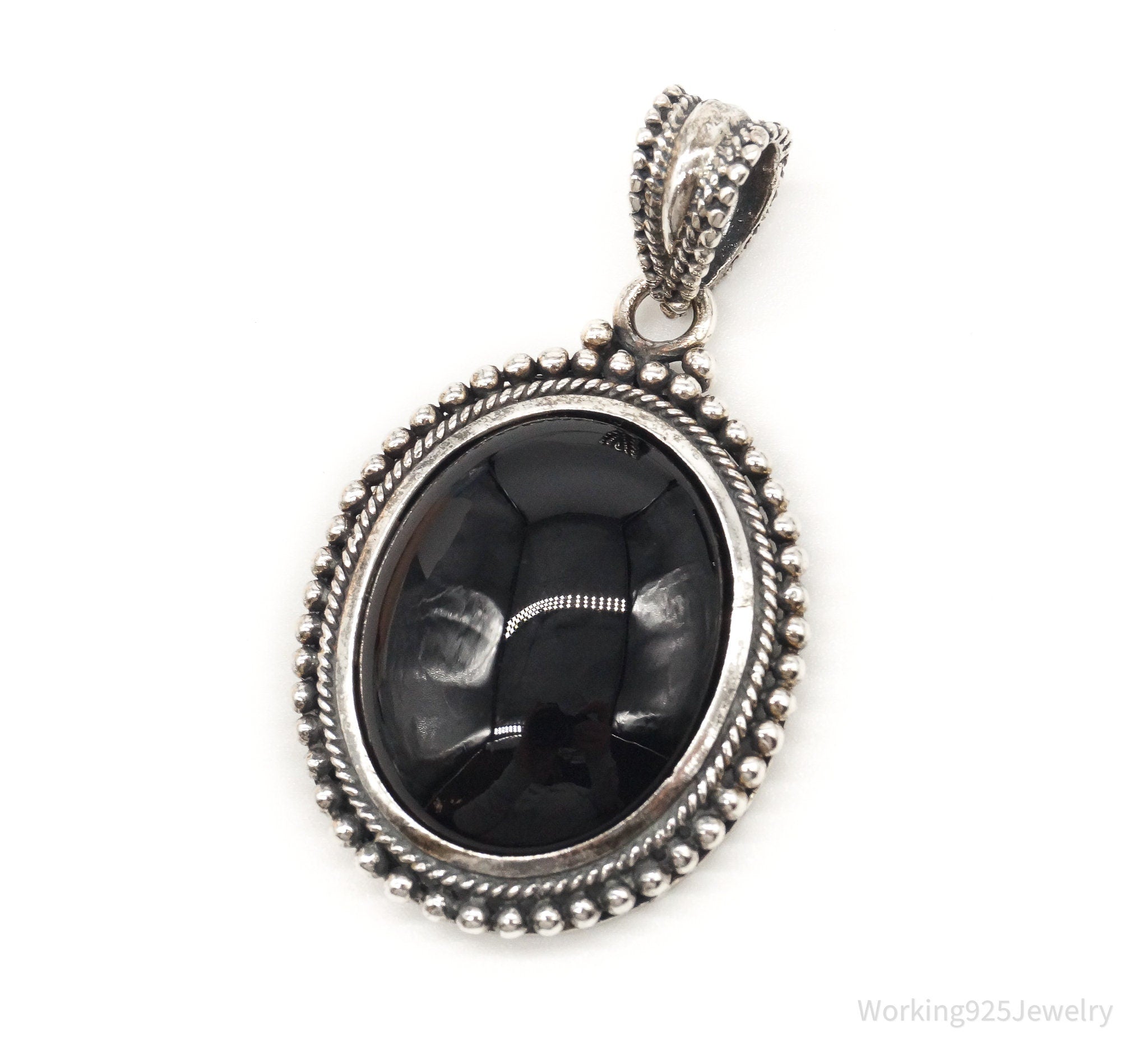 Large Vintage Black Onyx Bali Style Sterling Silver Pendant