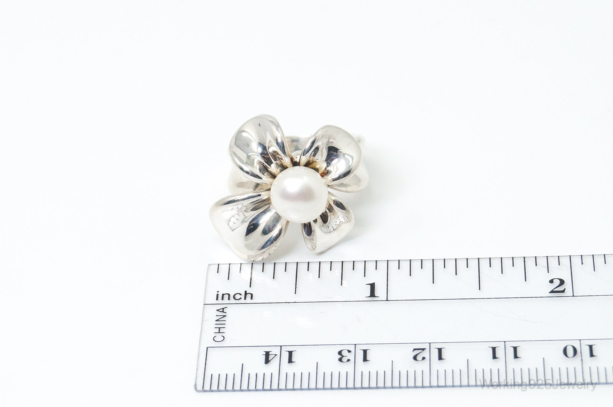 Vintage Designer Ann King Flower Pearl Sterling Silver Ring Size 6