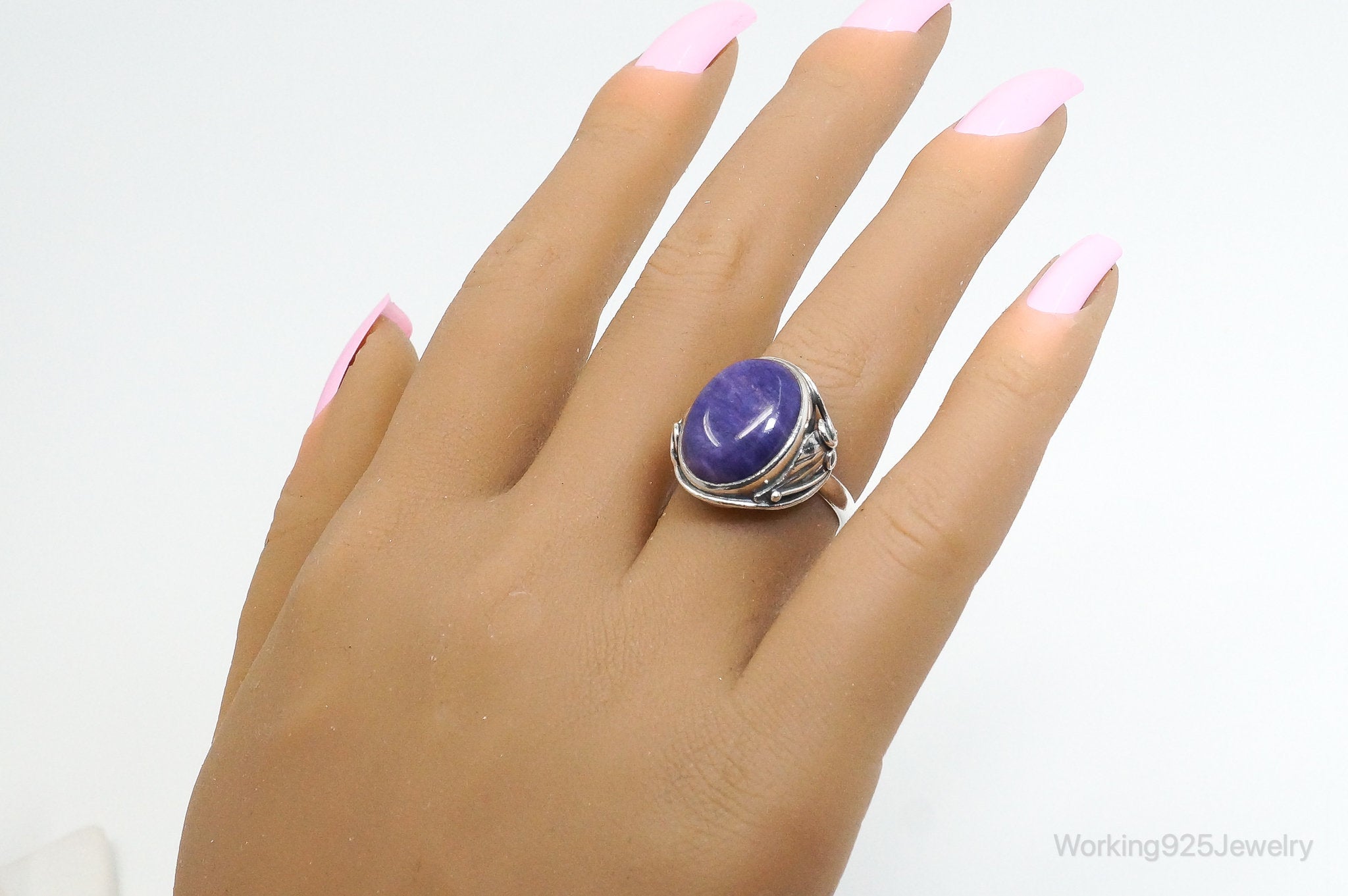 Vintage Designer WS Large Charoite Modernist Sterling Silver Ring - Size 6.5