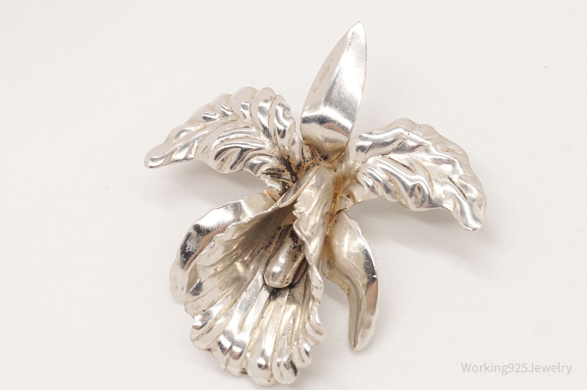 Vintage Designer Beau Orchid Flower Sterling Silver Brooch Pin