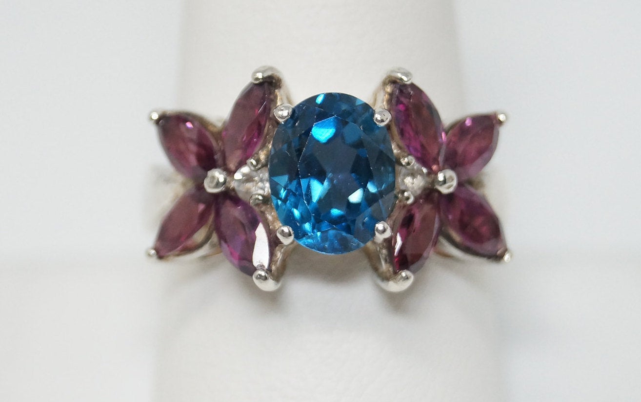 Vintage Blue Topaz Amethyst CZ Floral Sterling Silver Ring - Sz 9.5