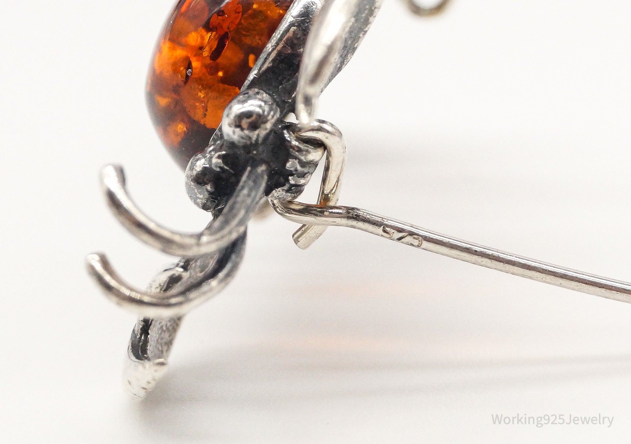 Vintage Amber Scorpion Sterling Silver Brooch Pin