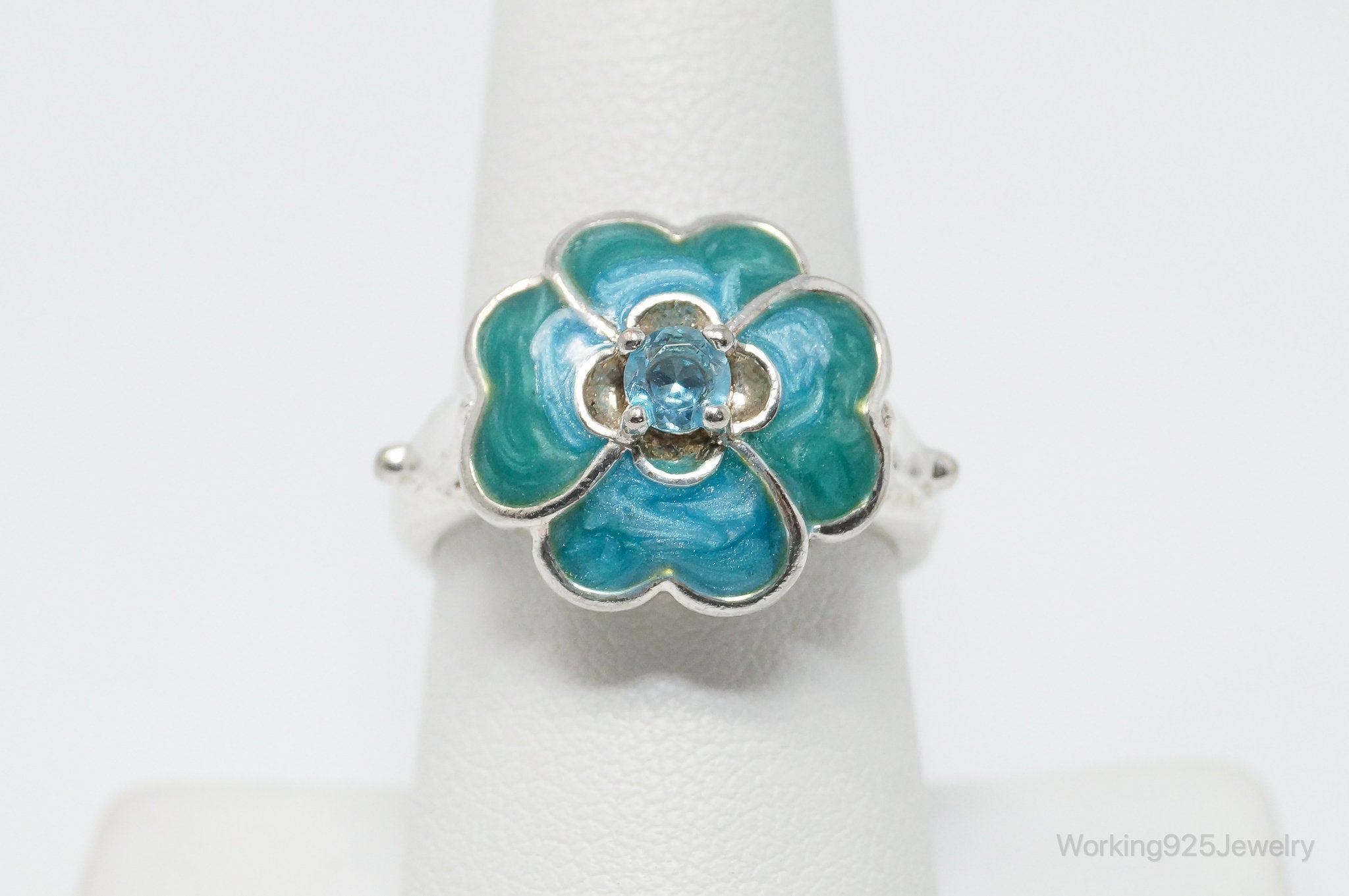 Vintage Blue CZ Blue Enamel Flower Southwestern Sterling Silver Ring - Size 8