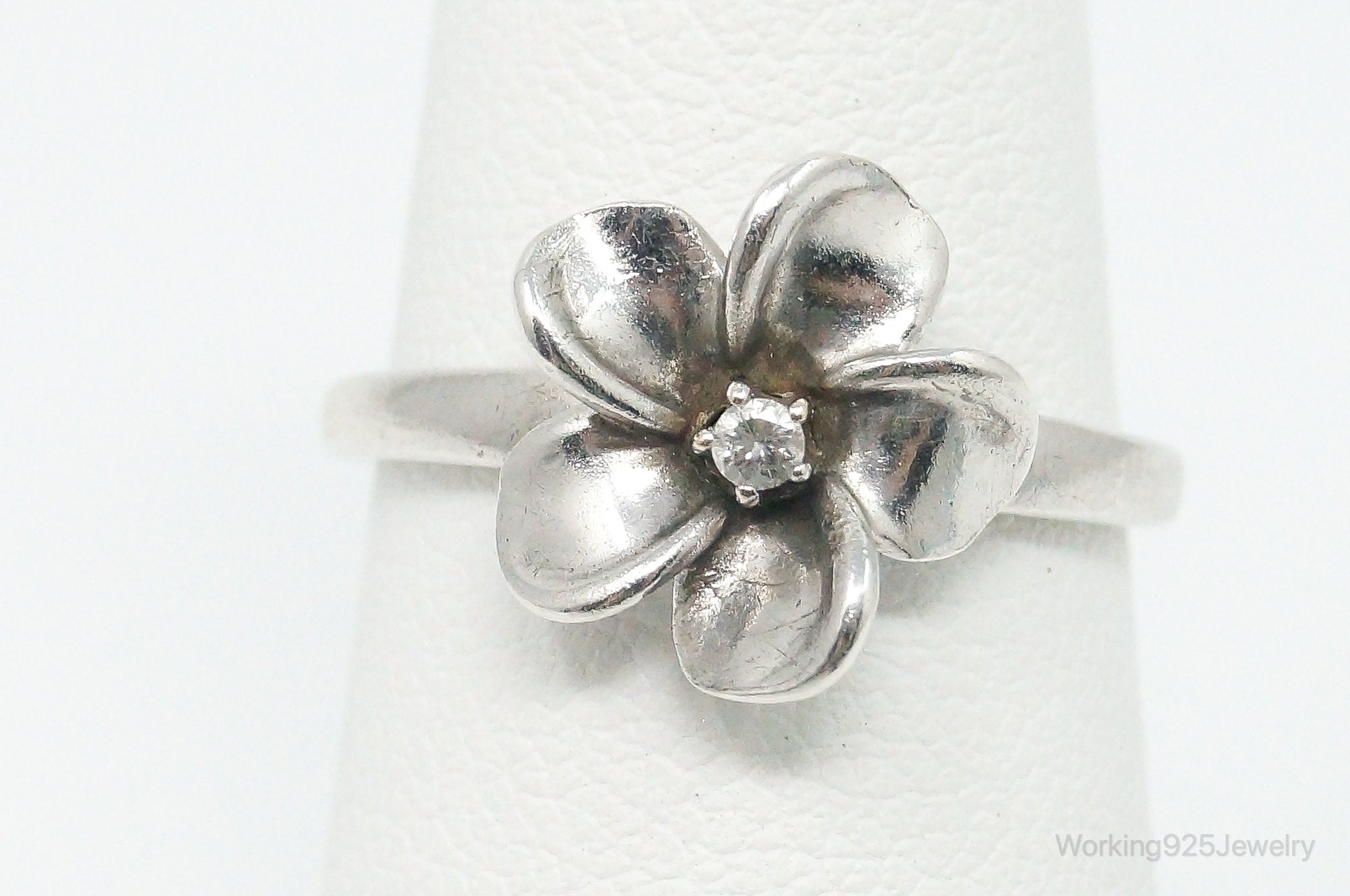 Vintage Cubic Zirconia Sterling Silver Flower Ring - Size 6