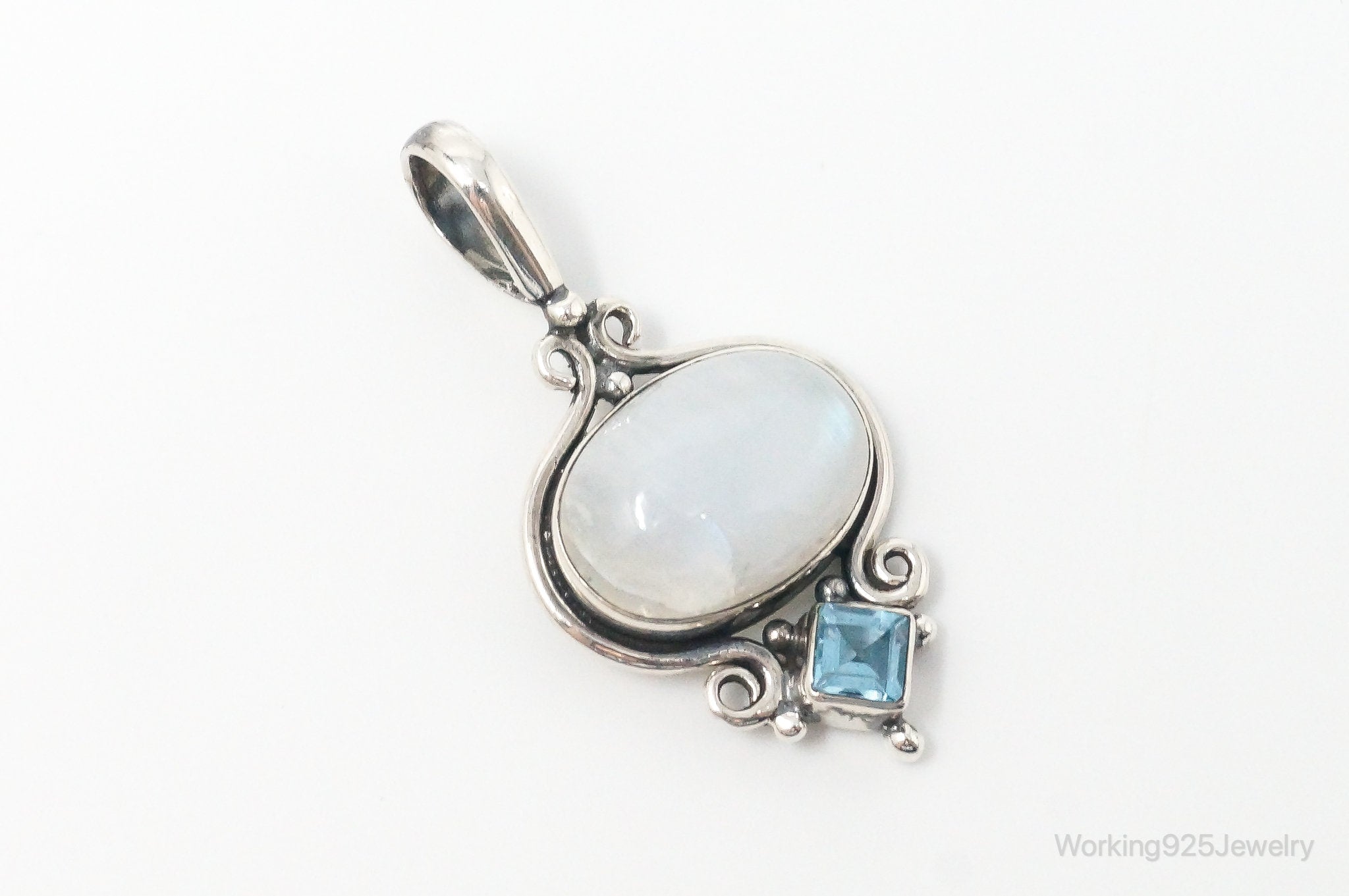 Vintage Blue Topaz Large Moonstone Sterling Necklace Pendant