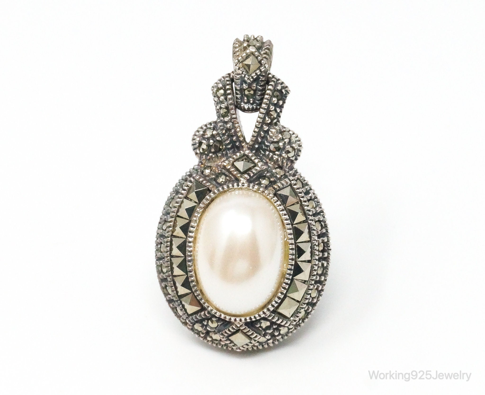 Large Vintage White Blue Pearl Marcasite Reversible Sterling Silver Pendant