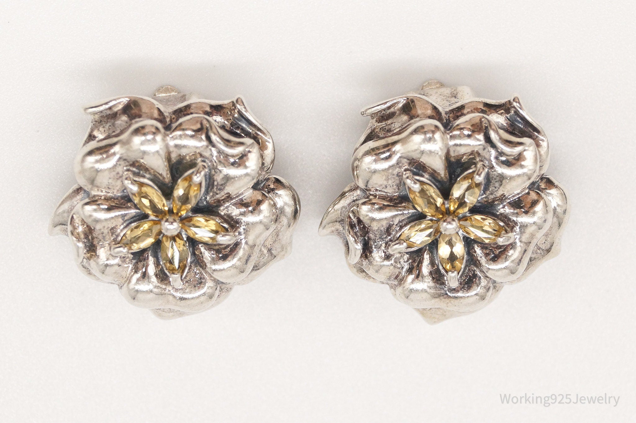 Designer Ross Simons Retired Citrine Flower Sterling Silver Clip On Earrings