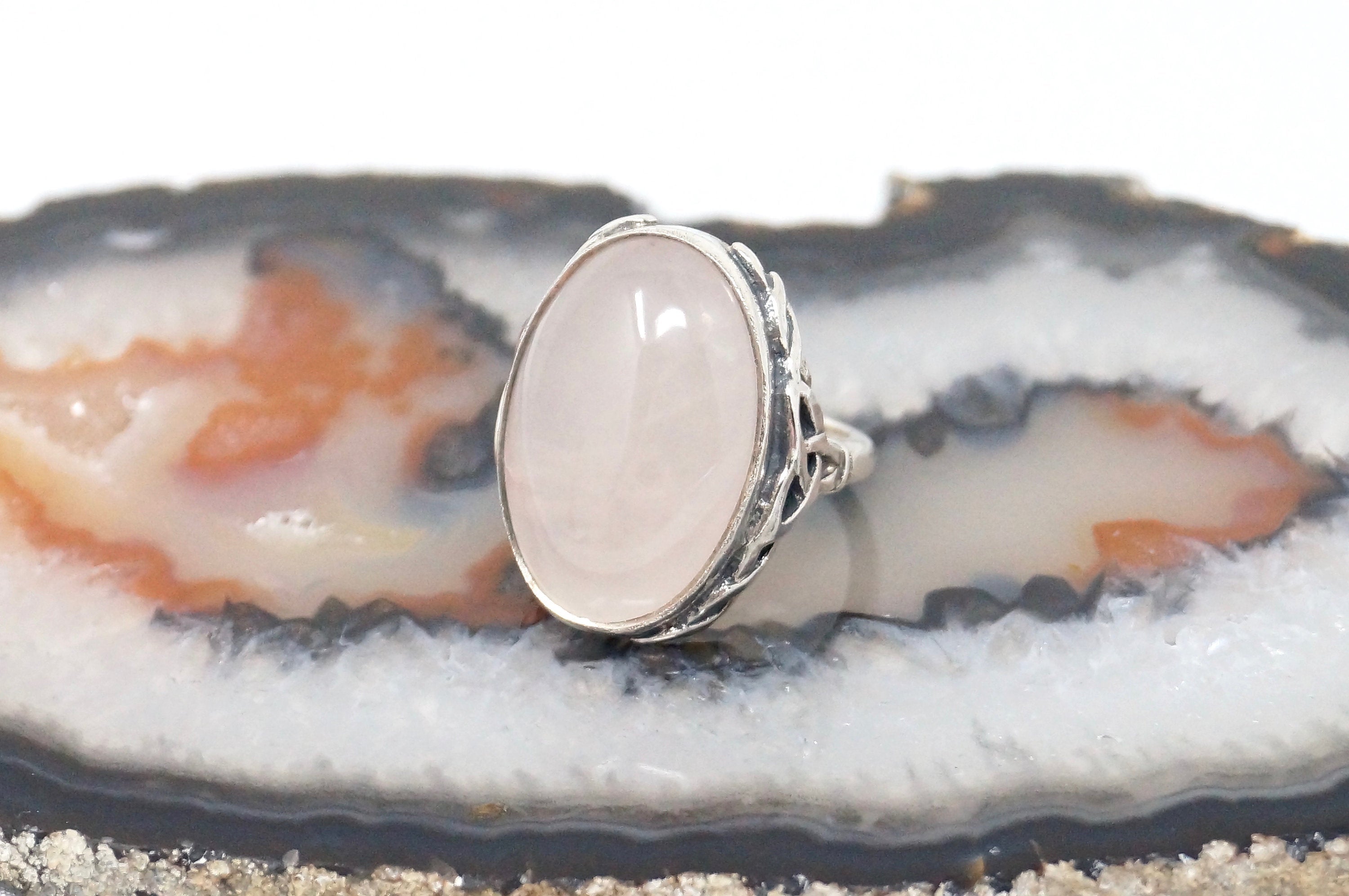 Stunning Antique Large Rose Quartz Sterling Silver Statement Ring - Size 5