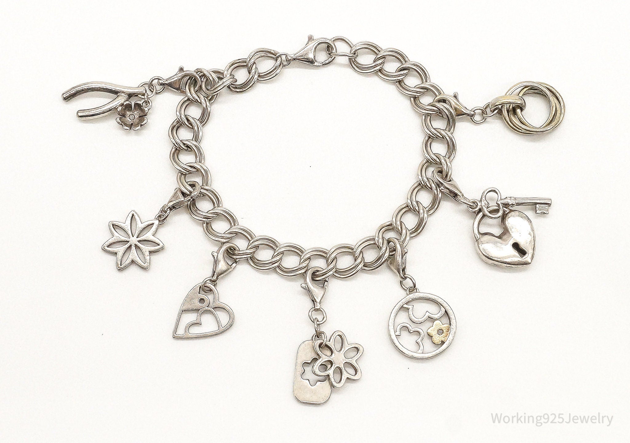 Vintage Hearts & Flowers Charms Diamond Sterling Silver Bracelet