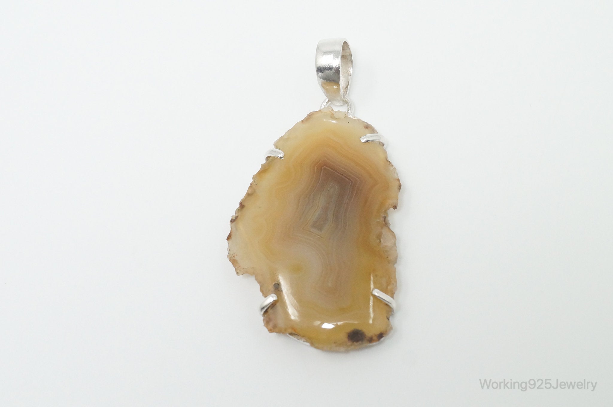 Large Vintage Brown Crazy Lace Agate Sterling Silver Necklace Pendant