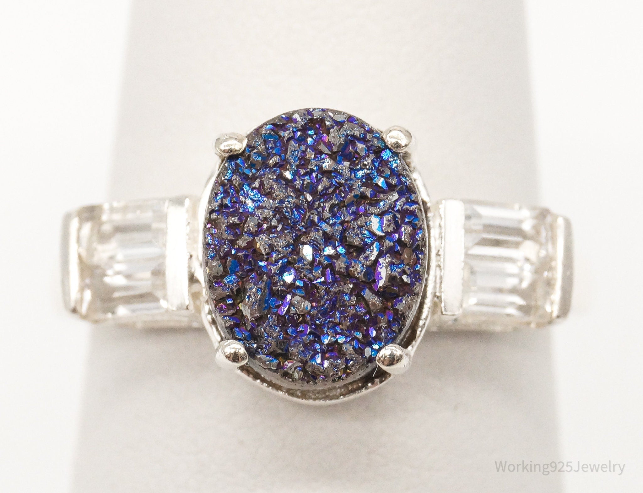 Vintage Blue Druzy Quartz Cubic Zirconia Sterling Silver Ring - Size 6.75