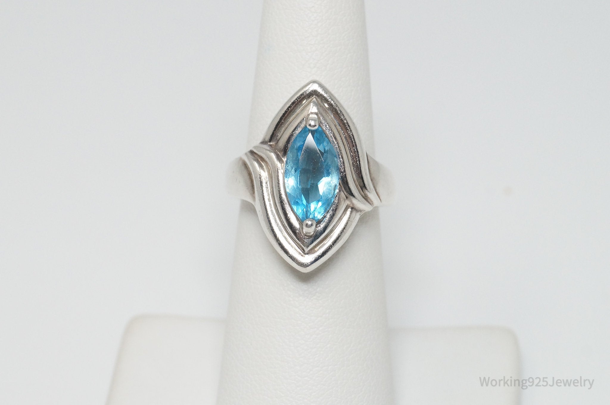 Vintage Designer Blue Topaz Art Deco Sterling Silver Ring - Sz 5.75