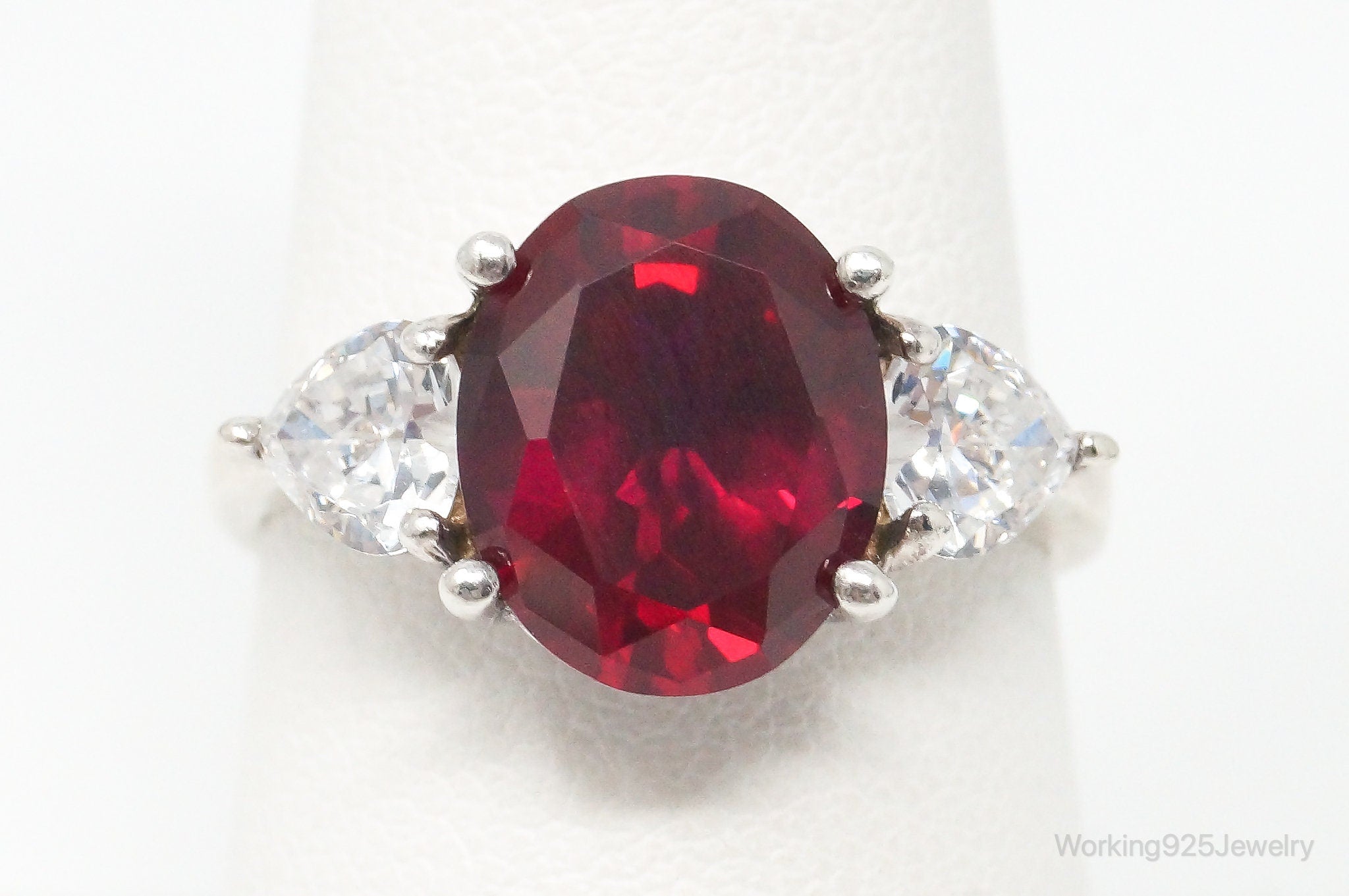 Vintage Lab Ruby Cubic Zirconia Sterling Silver Ring - Size 8