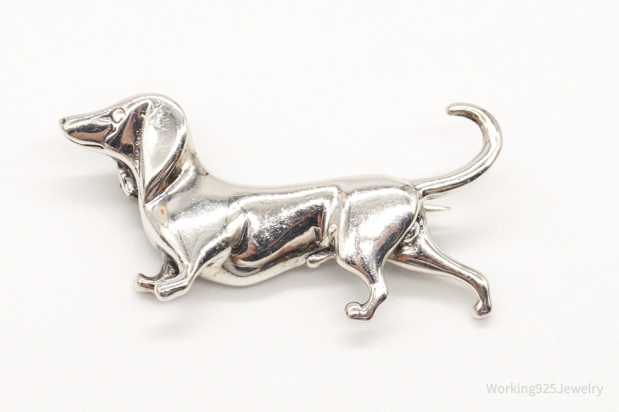 Vintage Designer Jerlaine Dachshund Weiner Dog Sterling Silver Brooch Pin