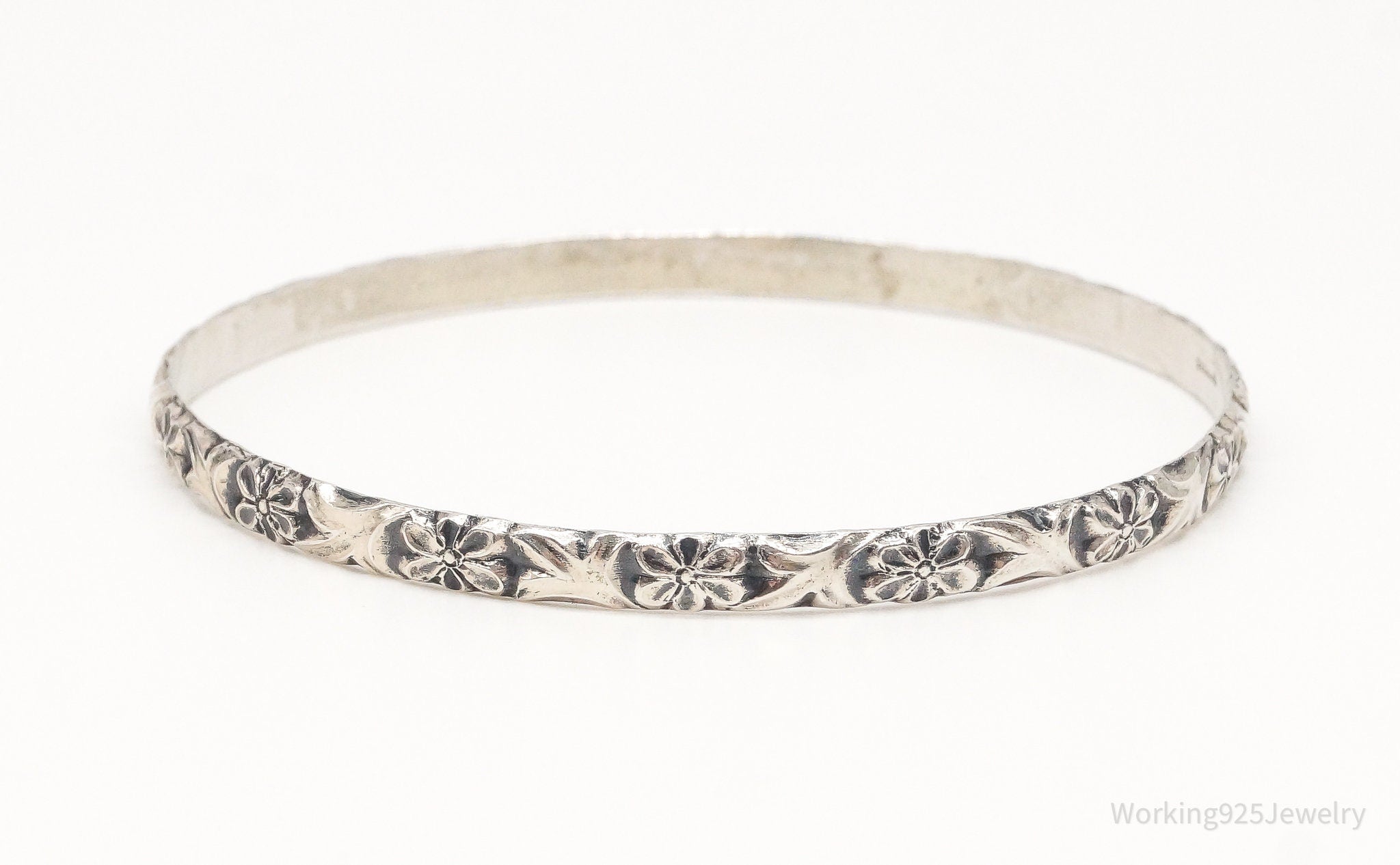 Antique Designer Beau Floral Pattern Sterling Silver Bangle Bracelet