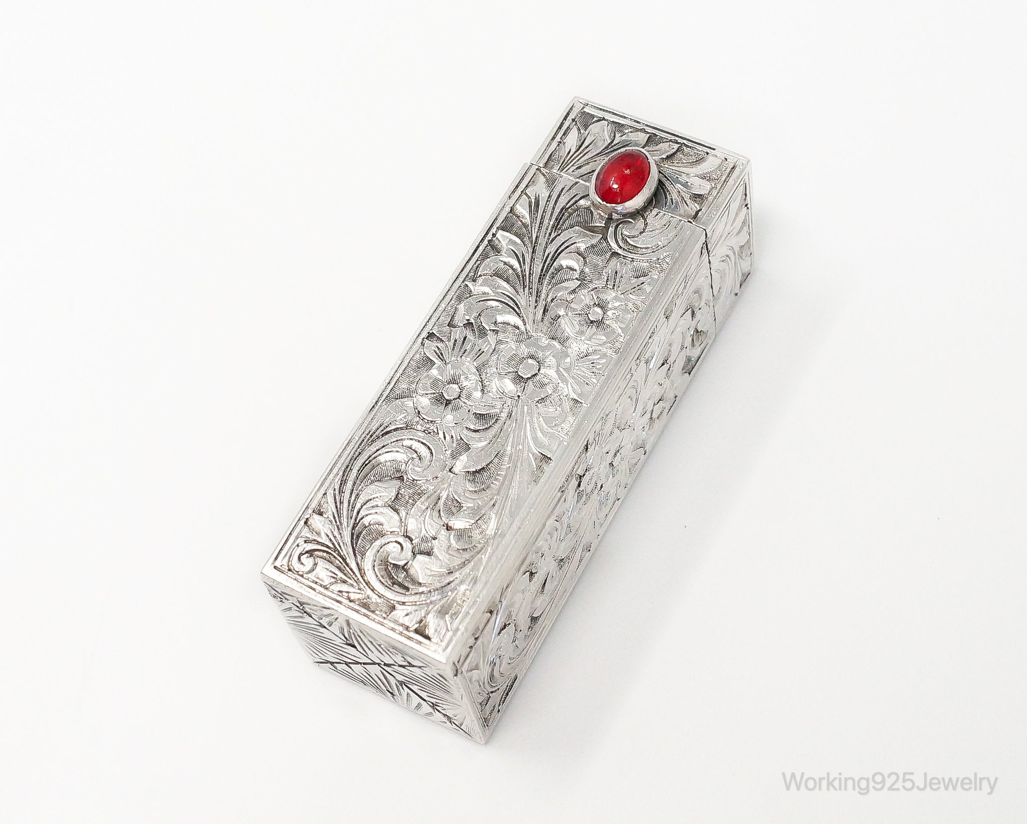 RARE Italian Antique Carnelian Floral Sterling Silver Lipstick Case & Mirror