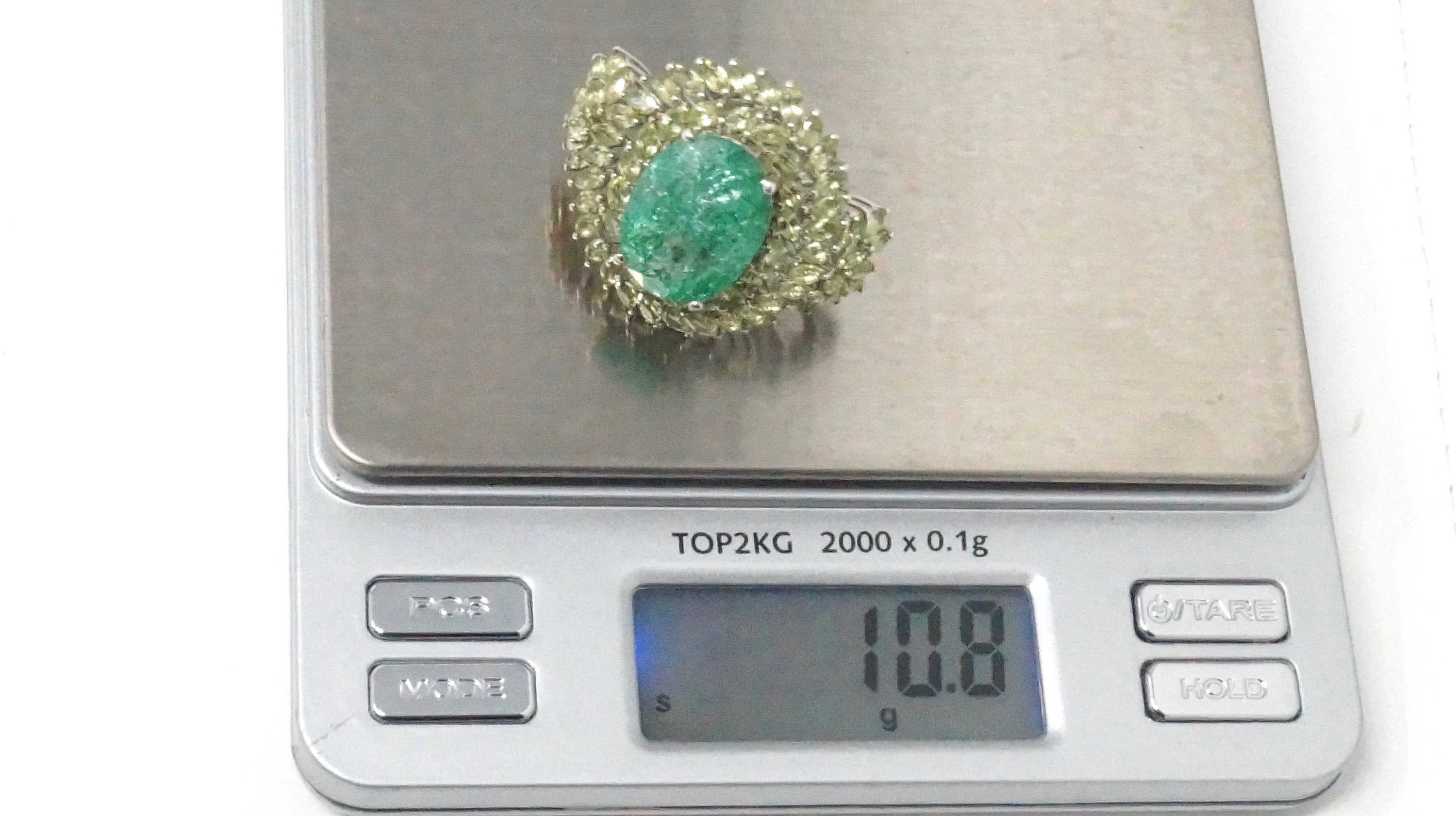 Vintage Emerald and Cubic Zirconia Sterling Silver Statement Ring - Size 9