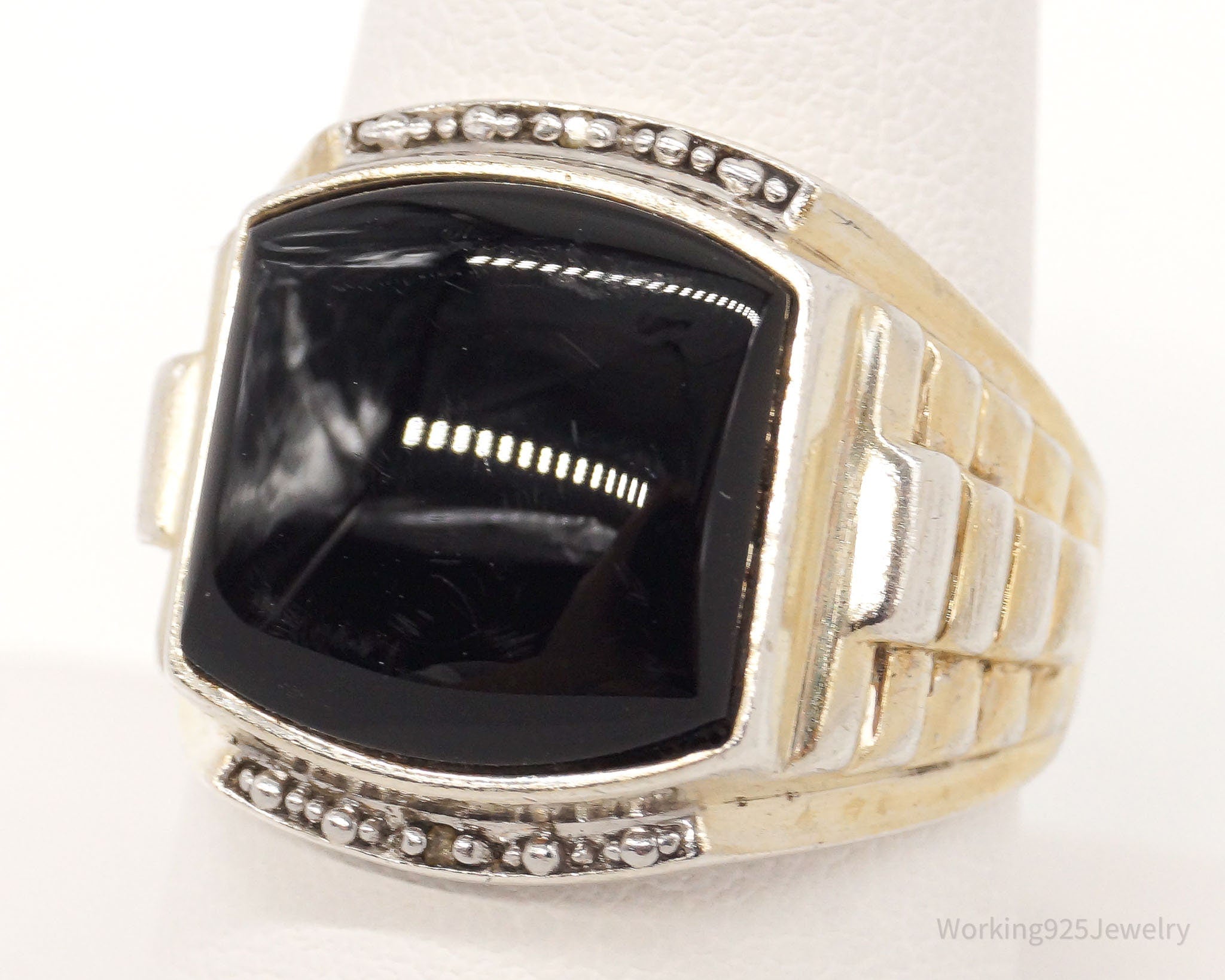 Vintage Black Onyx Two Diamond Gold Wash Sterling Silver Ring - Size 8.75