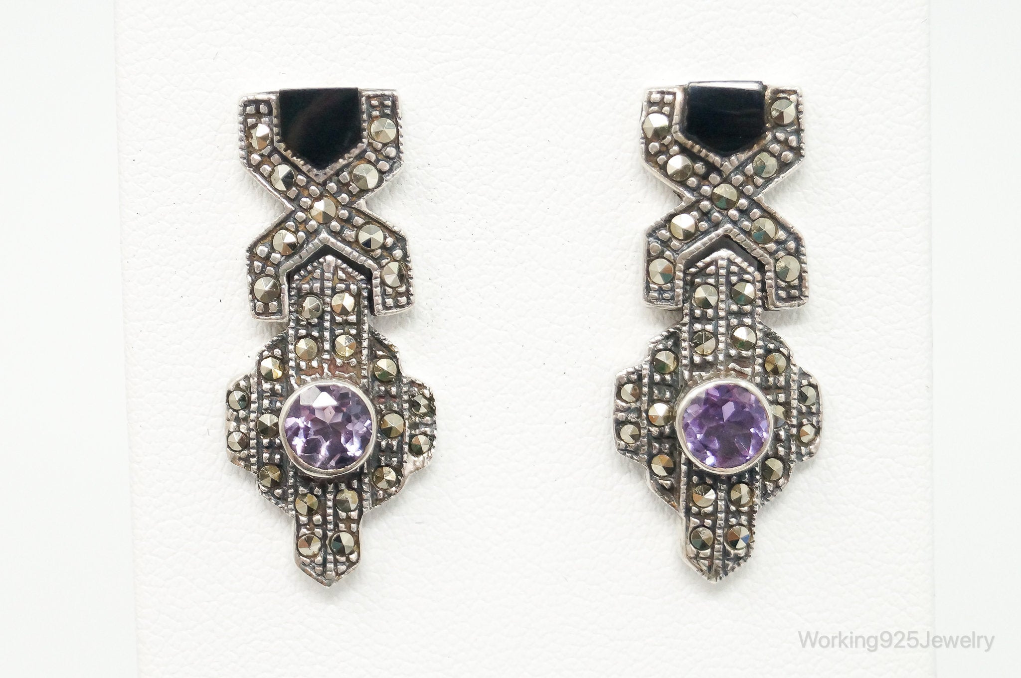 Vintage Amethyst Black Onyx Marcasite Sterling Silver Earrings