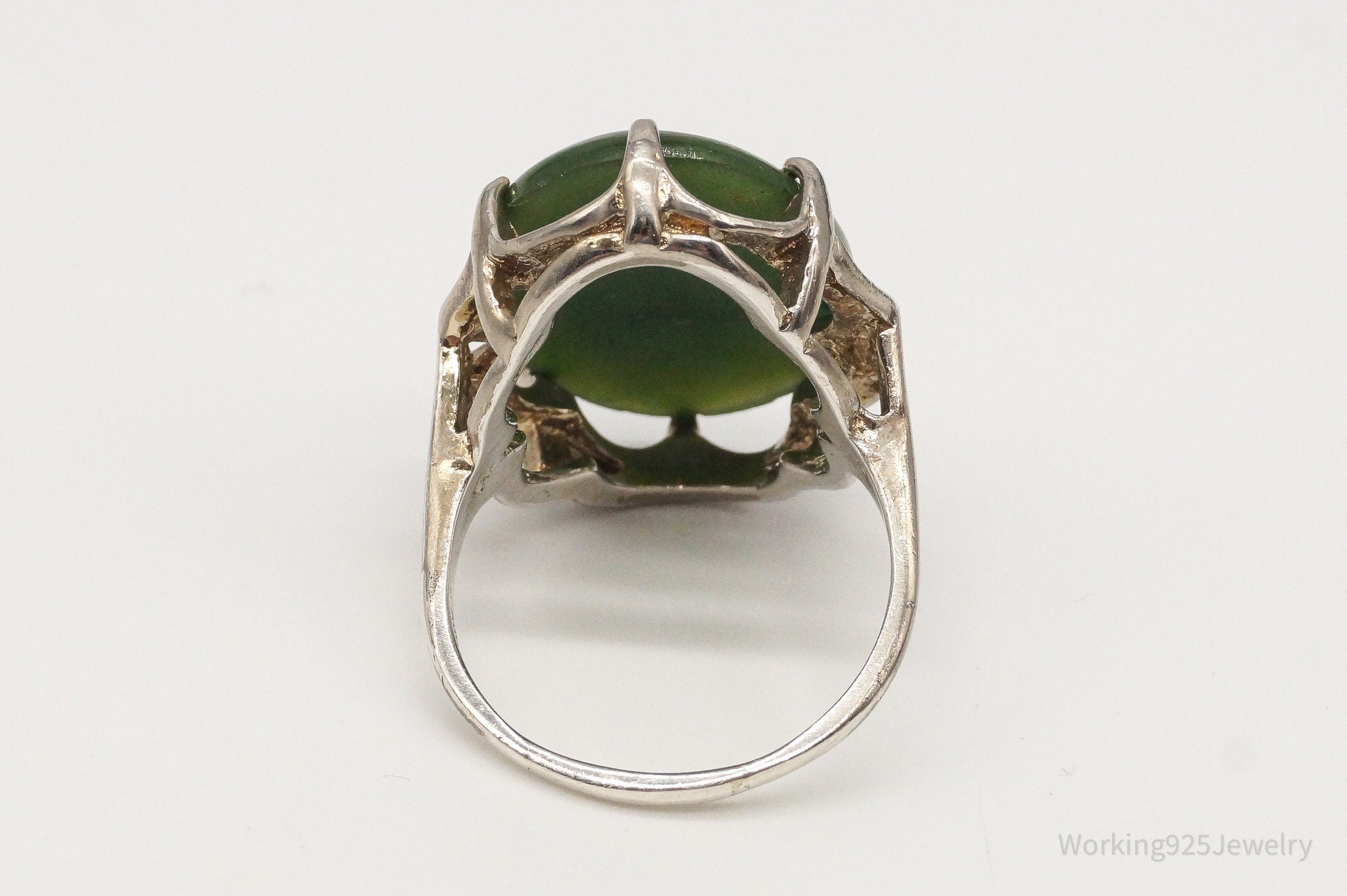 Antique Large Nephrite Jade Sterling Silver Ring - Size 10.75