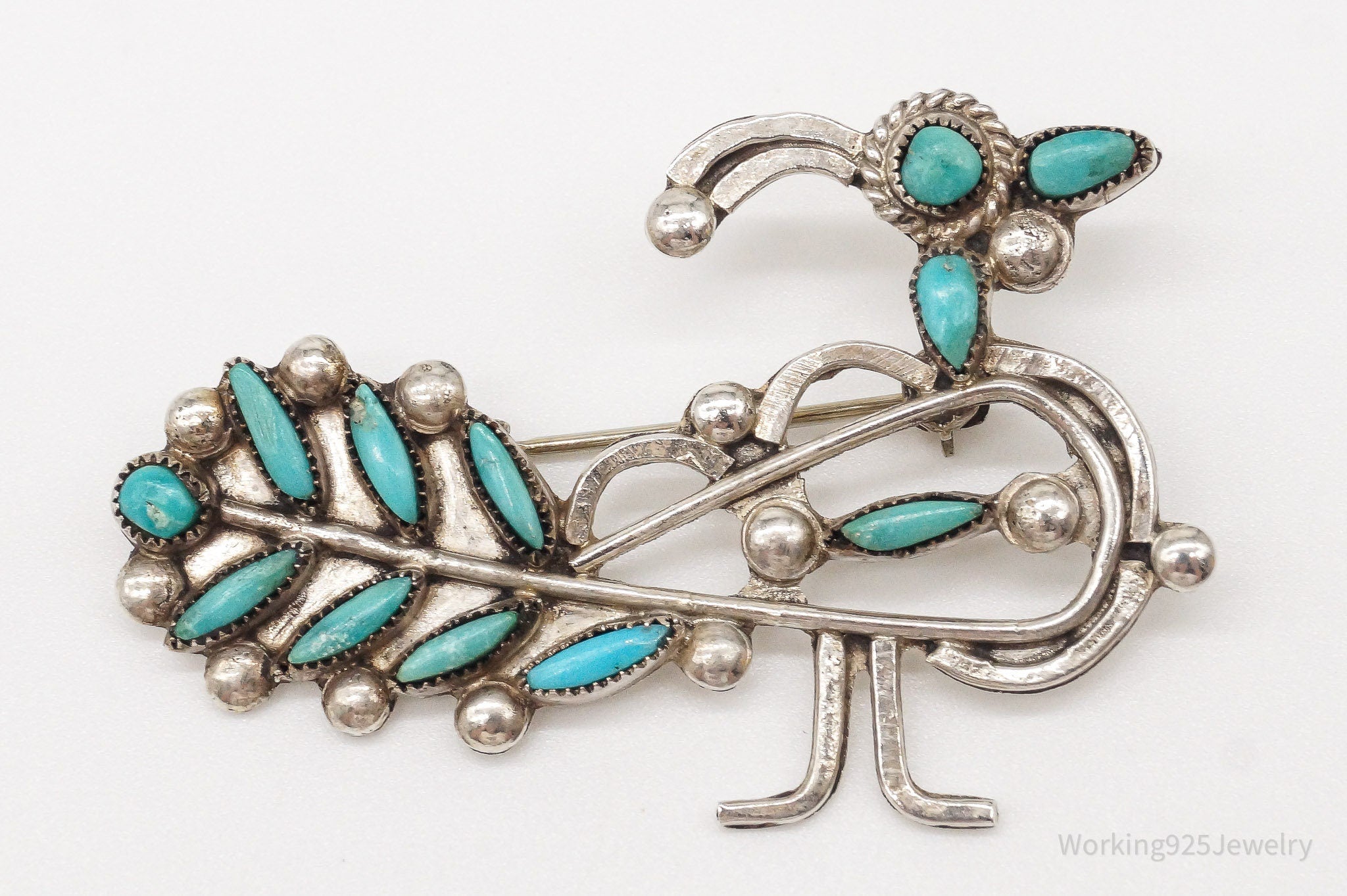 Vintage Handmade Native American Unsigned Turquoise Bird Silver Brooch Pin