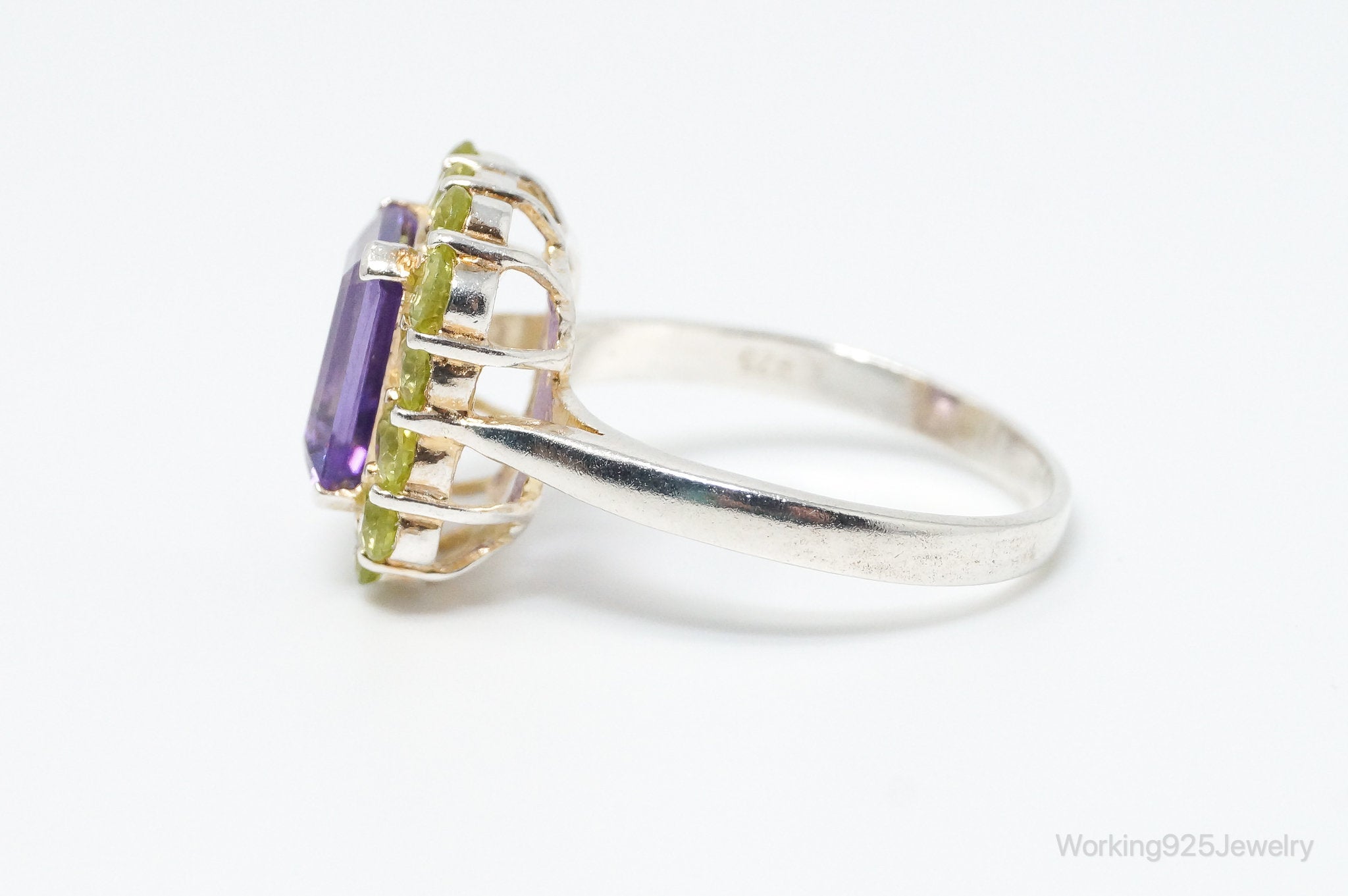 Vintage Designer Amethyst Peridot Sterling Silver Statement Ring - Size 9.75