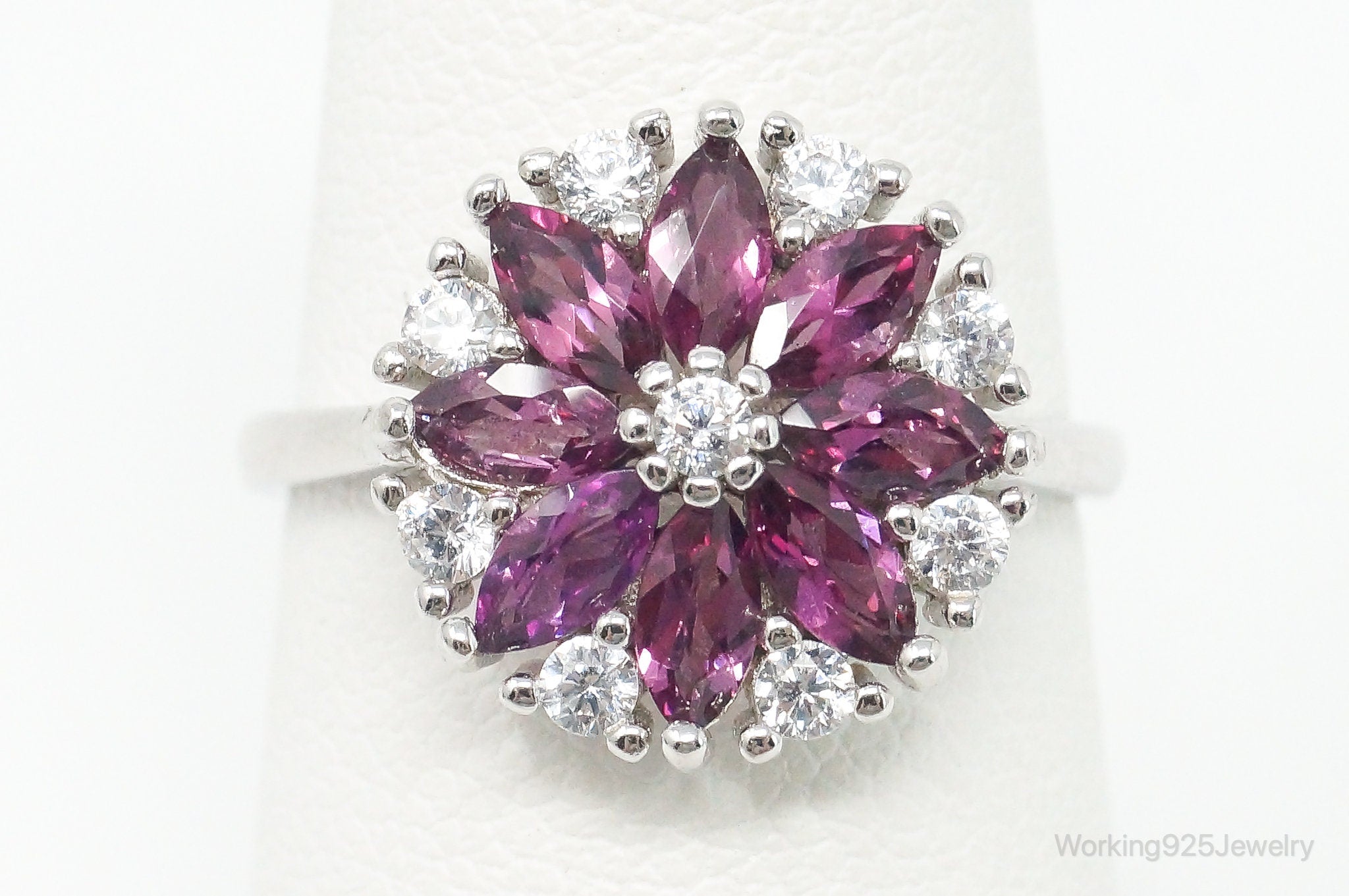 Vintage Amethyst Cubic Zirconia Sterling Silver Flower Ring - SZ 6.75 Adjustable