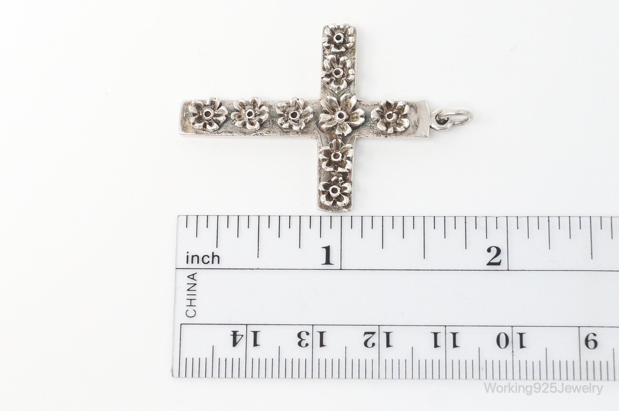 Large Vintage Blooming Flowers Cross Sterling Silver Necklace Pendant