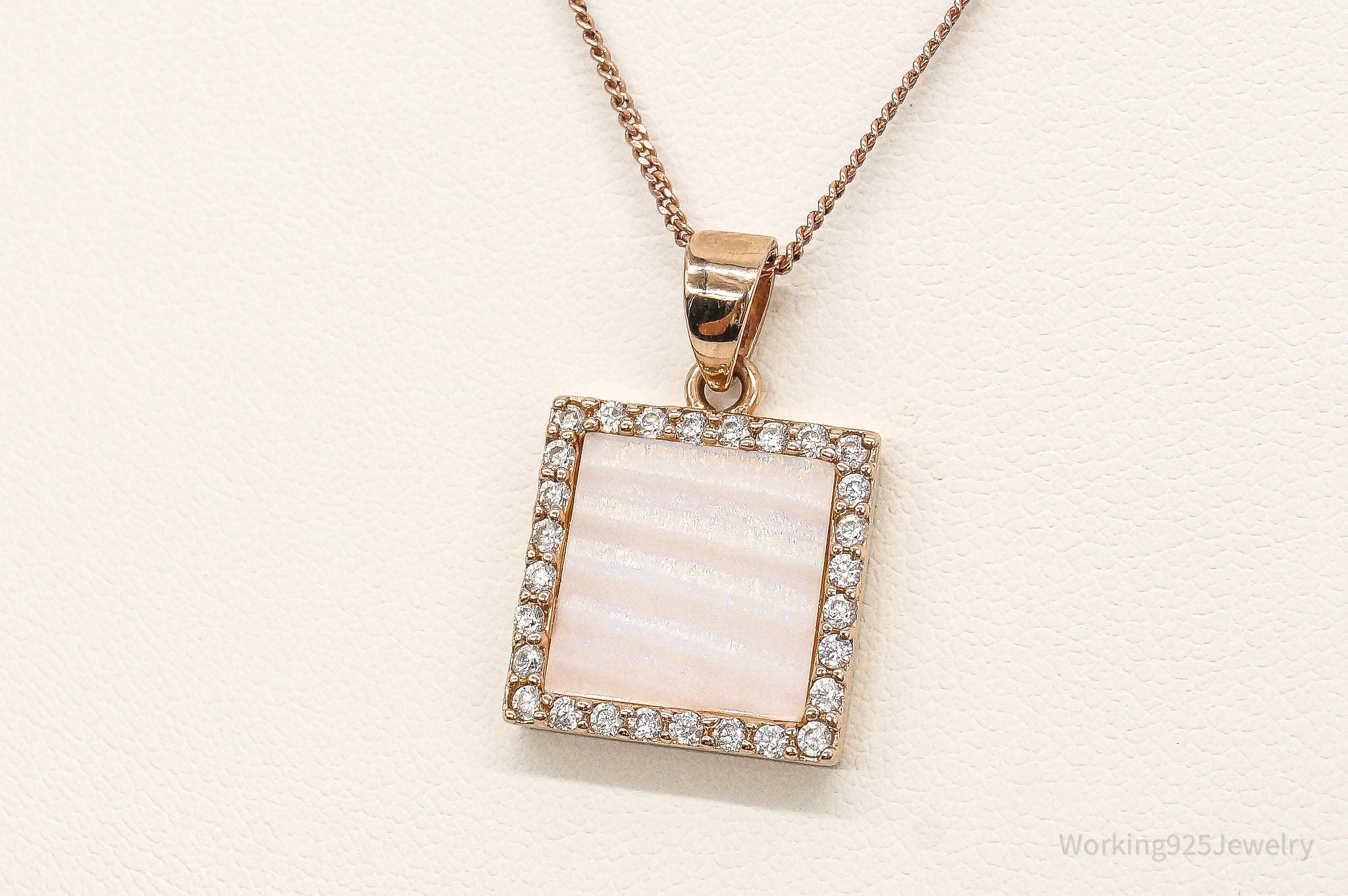 Pink Mother Of Pearl Cubic Zirconia Rose Gold Vermeil Sterling Silver Necklace