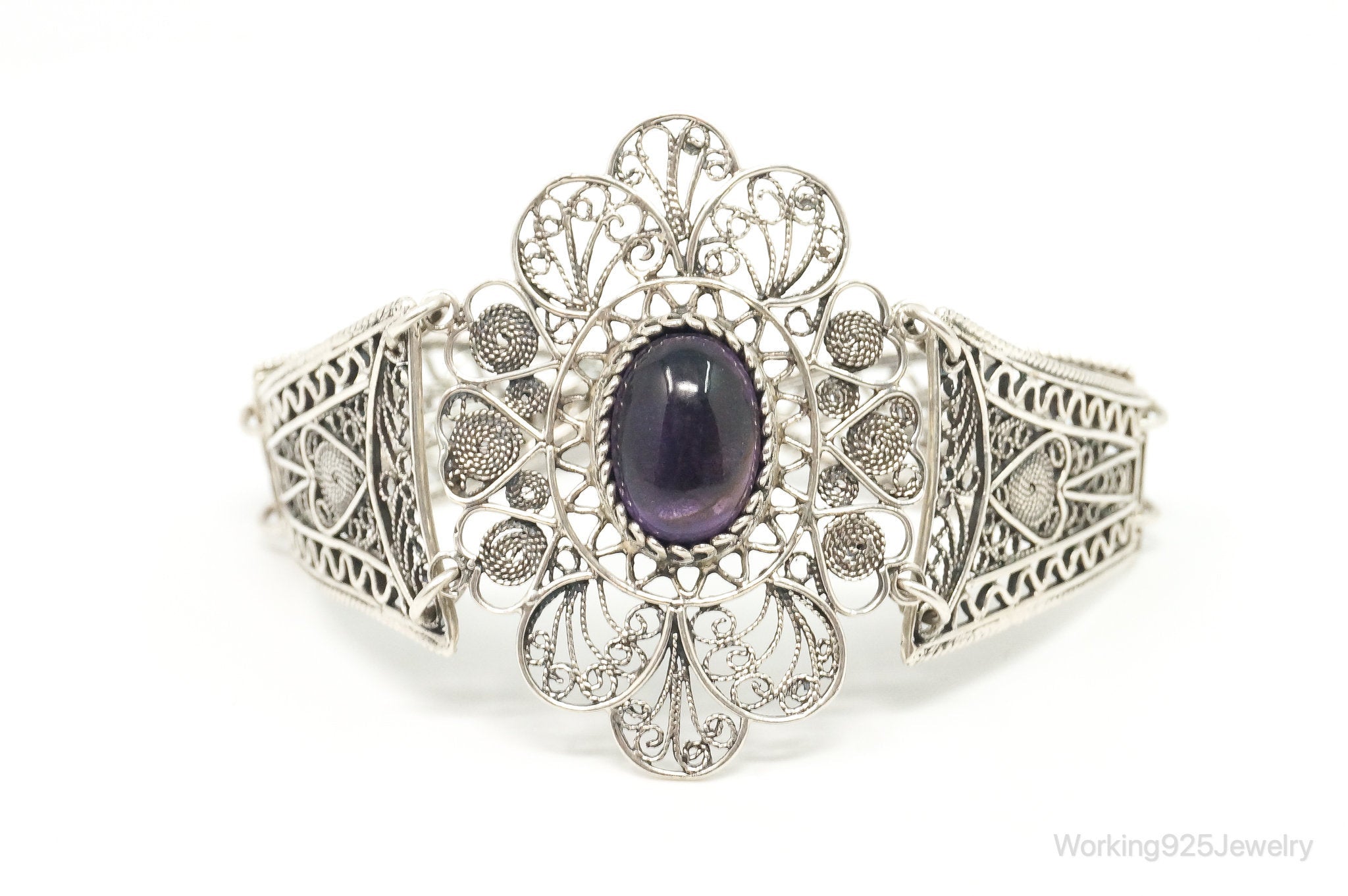 Vintage Amethyst Sterling Silver Intricate Filigree Bracelet