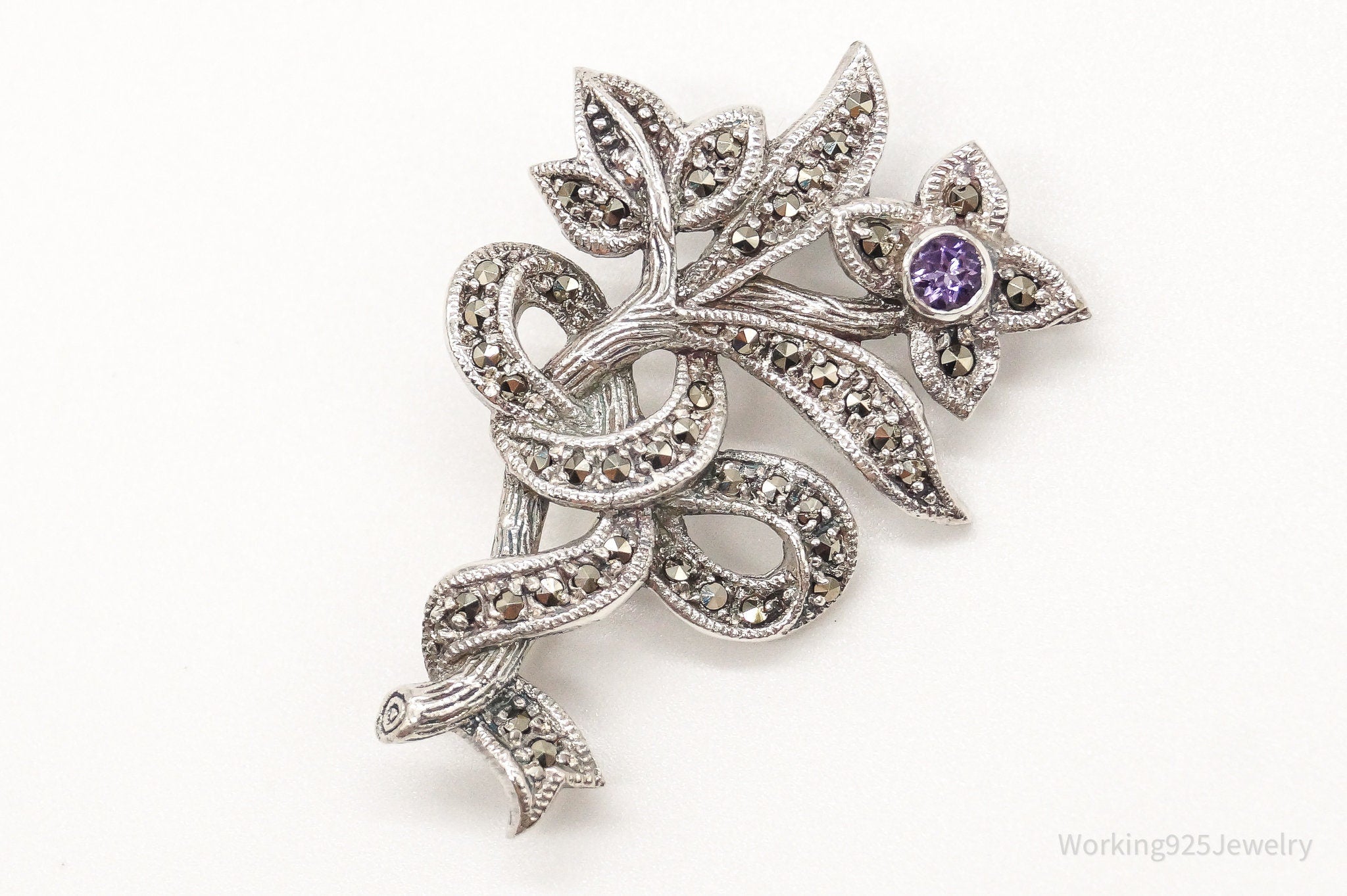 Vintage Amethyst Marcasite Sterling Silver Flower Branch Pin