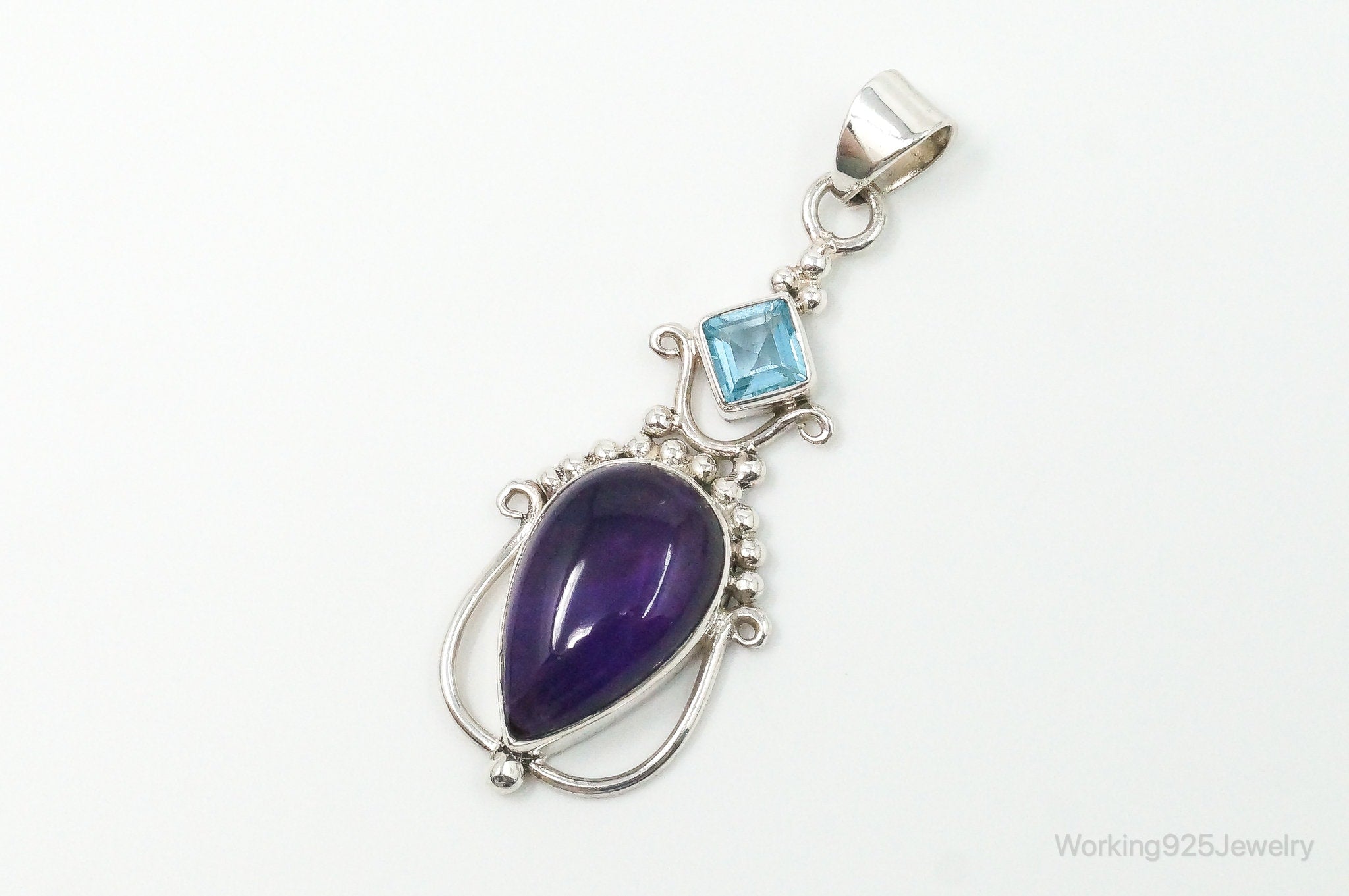 Large Vintage Blue Topaz Amethyst Sterling Silver Pendant