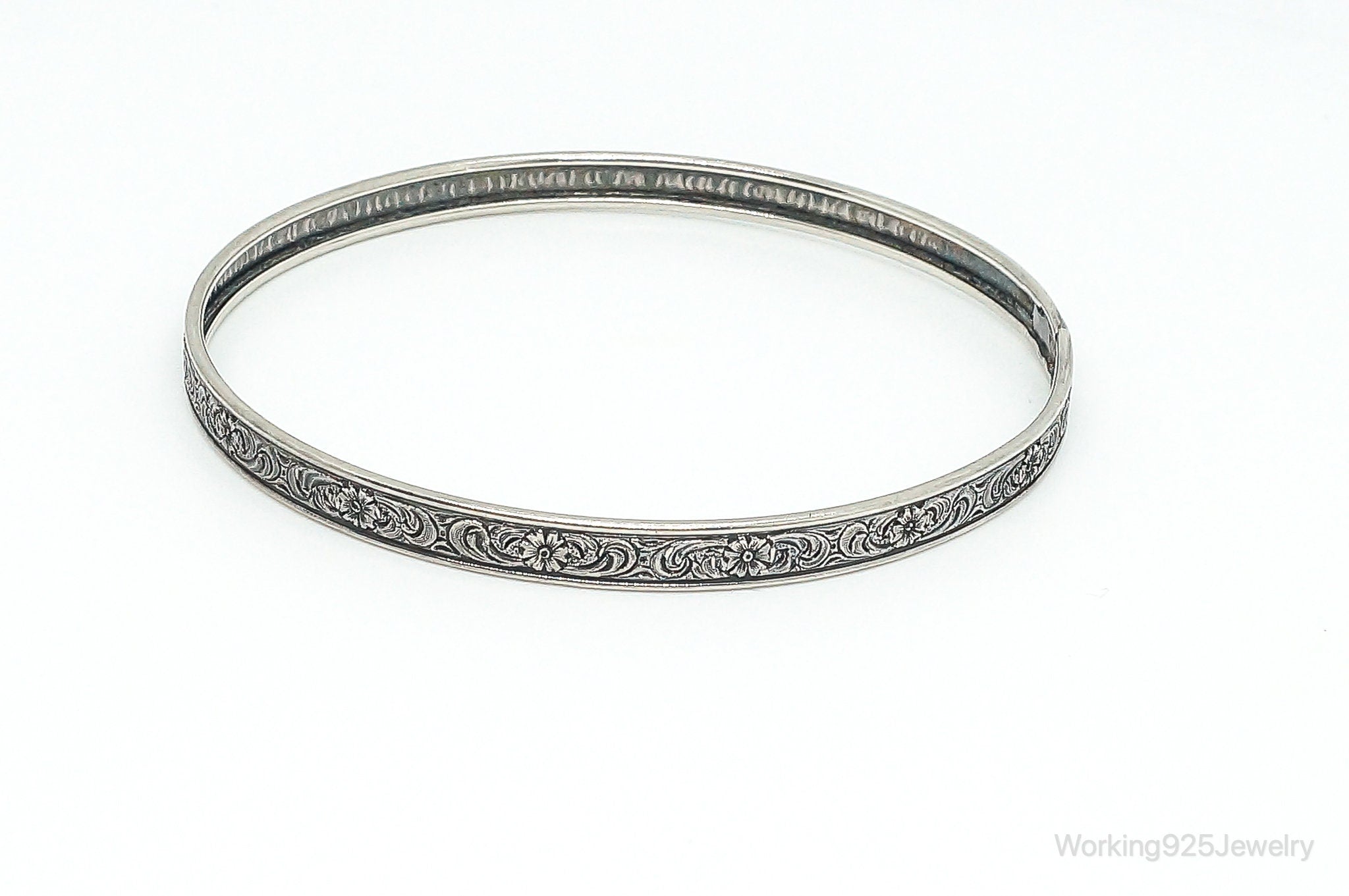 Antique Floral Pattern Sterling Silver Bangle Bracelet