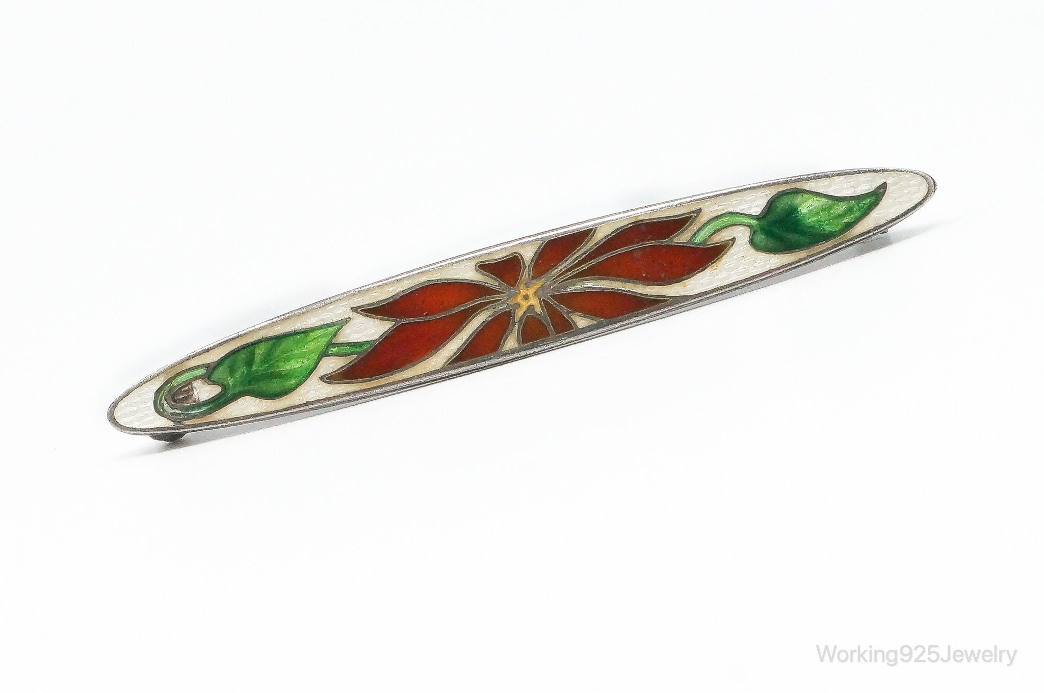 Antique Red Flower & Vine Enamel Scarf Sterling Silver Brooch Pin