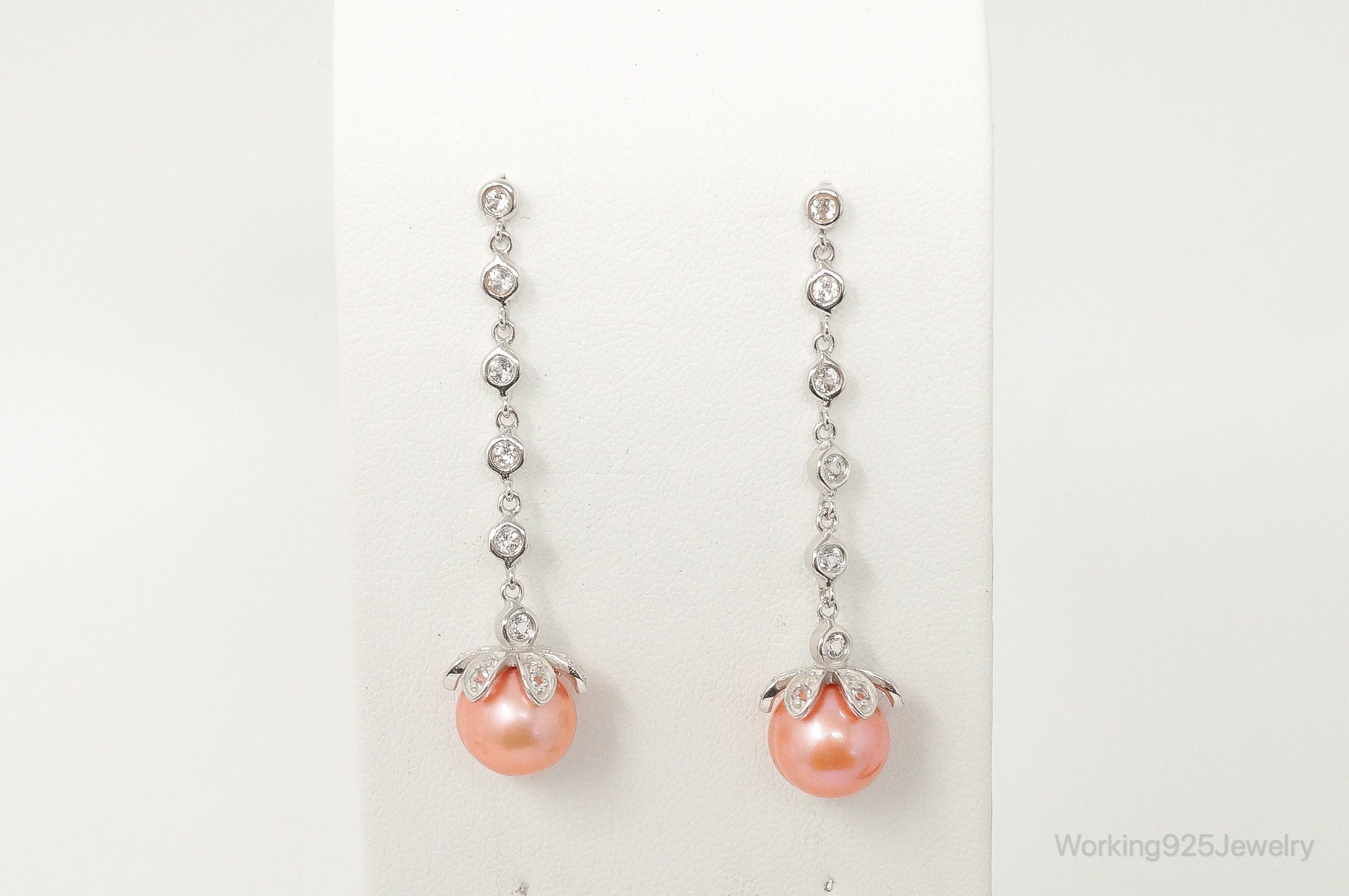 Italian Designer Peach Pearl Cubic Zirconia Sterling Silver Earrings