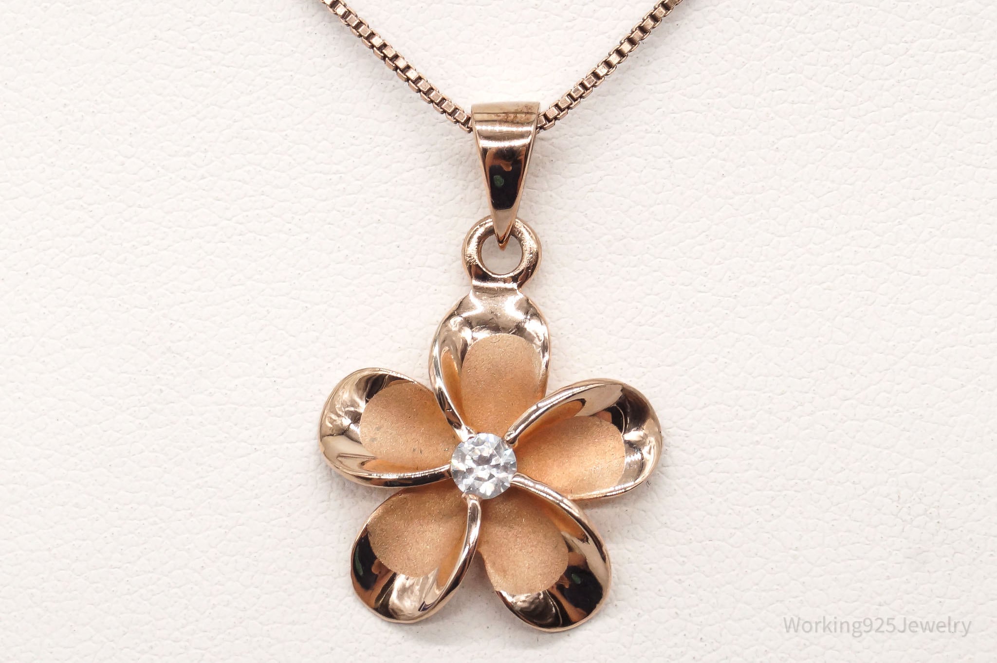 Vintage Cubic Zirconia Rose Gold Vermeil Sterling Silver Flower Necklace