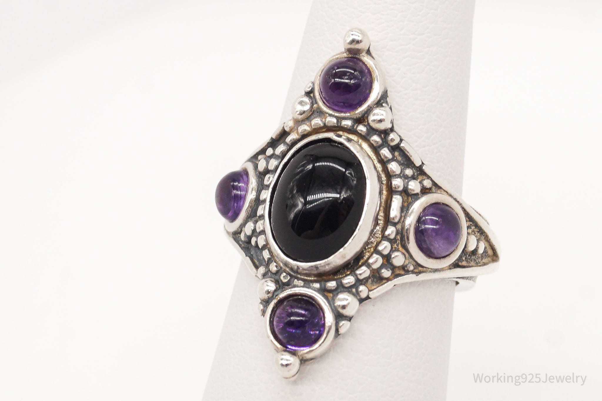 Vintage Amethyst Black Onyx Sterling Silver Ring - Size 6.25