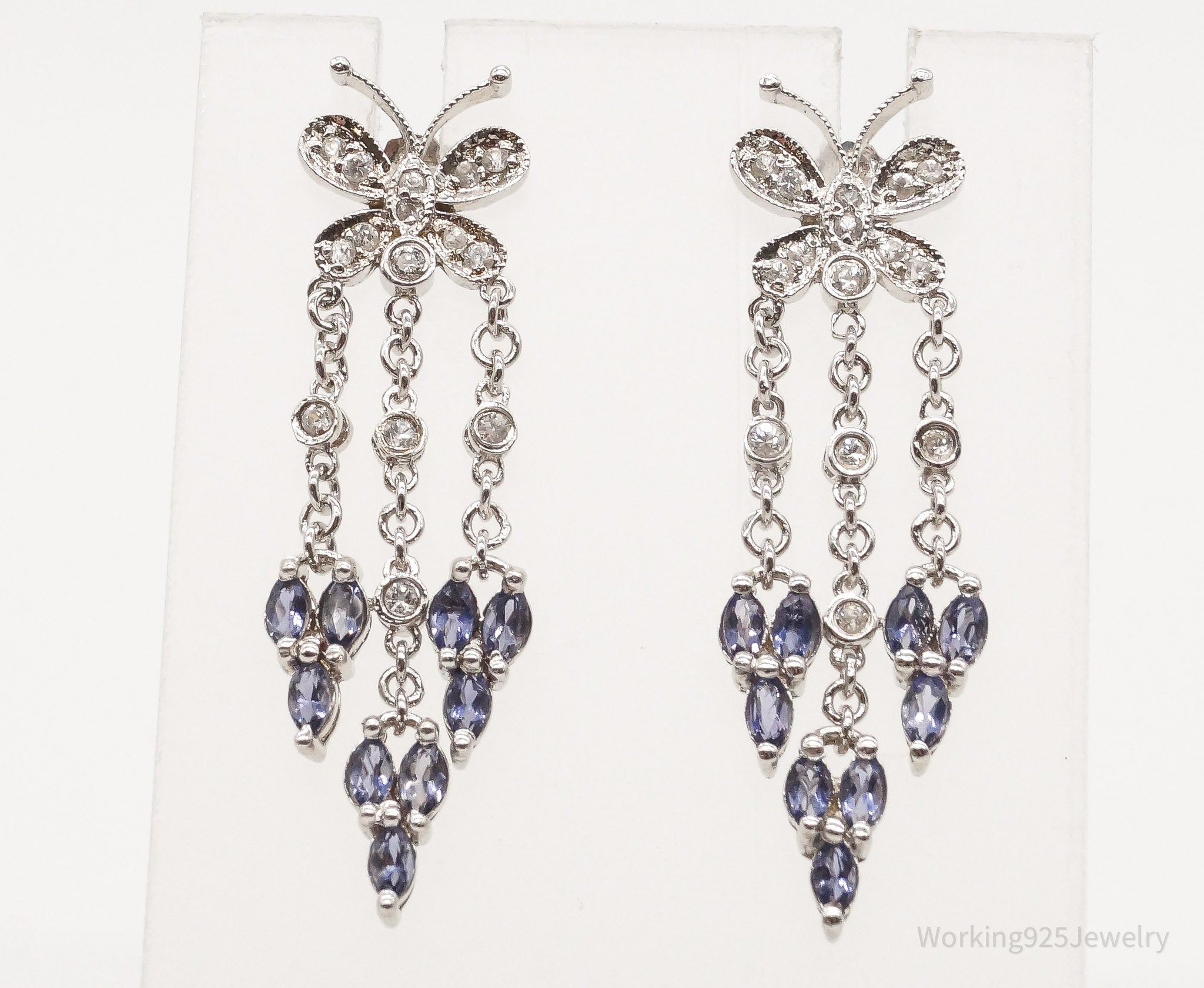 Vintage Iolite Cubic Zirconia Butterfly Sterling Silver Earrings