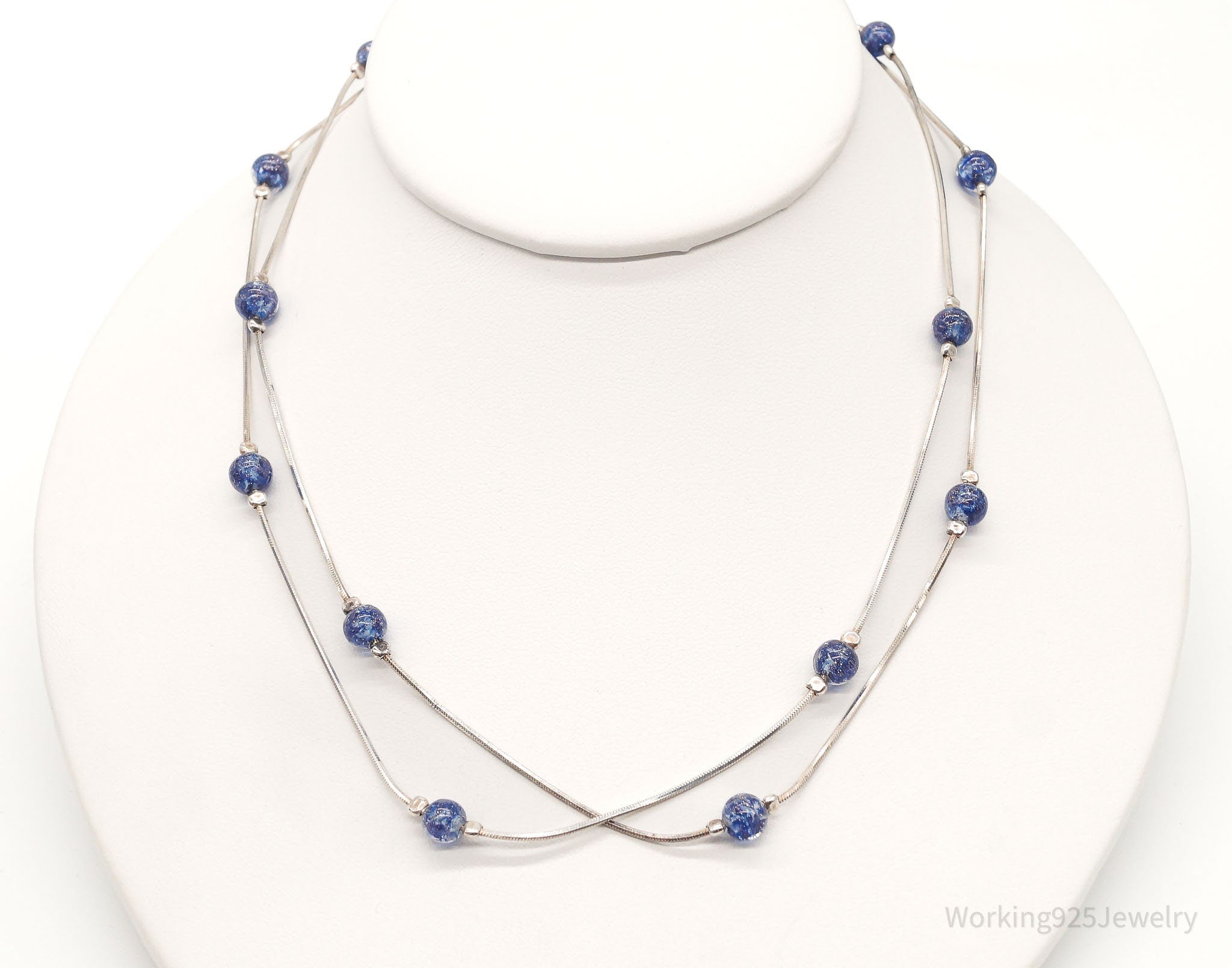 Vintage Italian Blue Glass Beads Modernist Sterling Silver Necklace