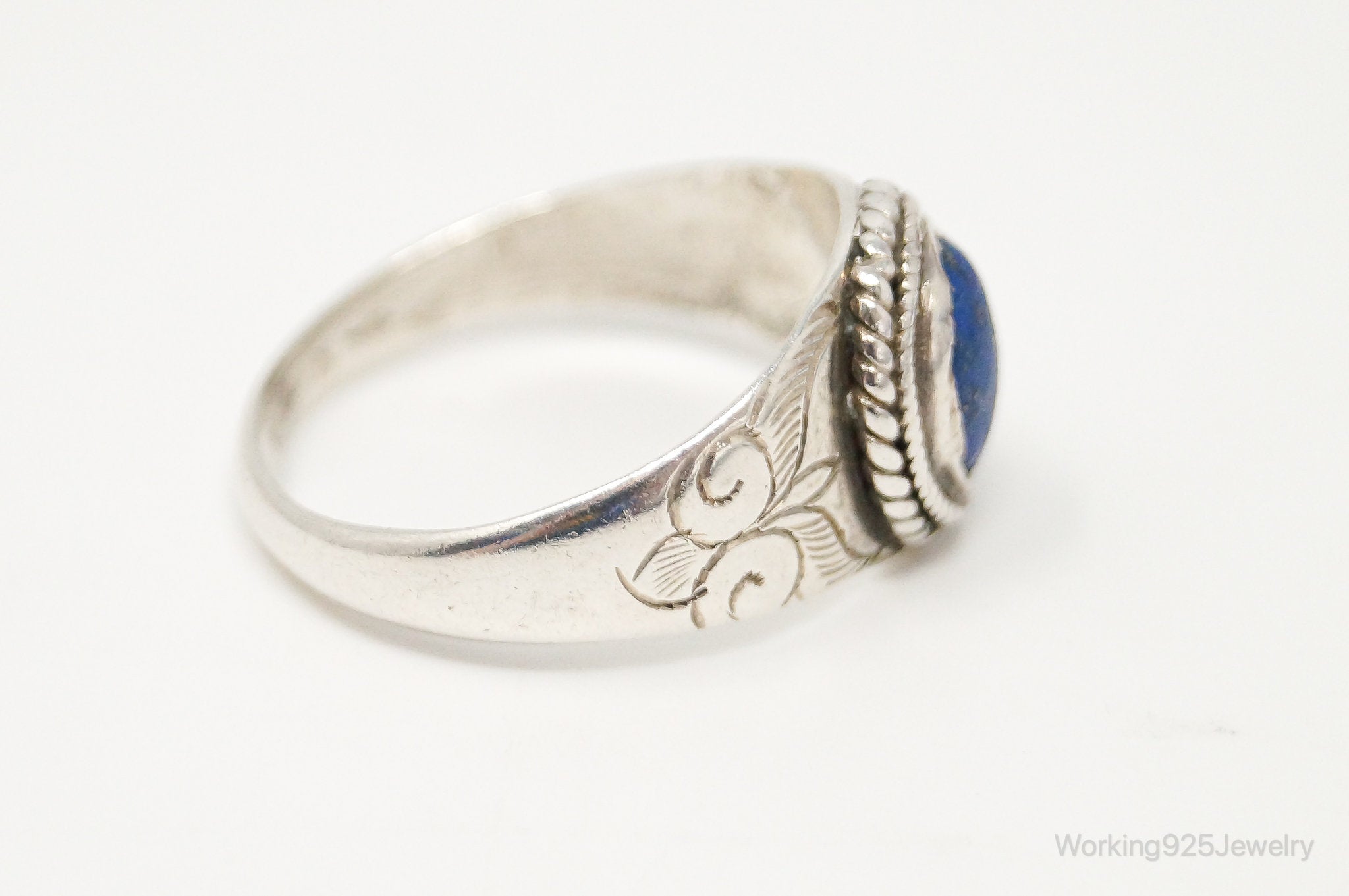 Vintage Blue Lapis Lazuli Art Nouveau Etched Sterling Silver Ring - Size 7.75