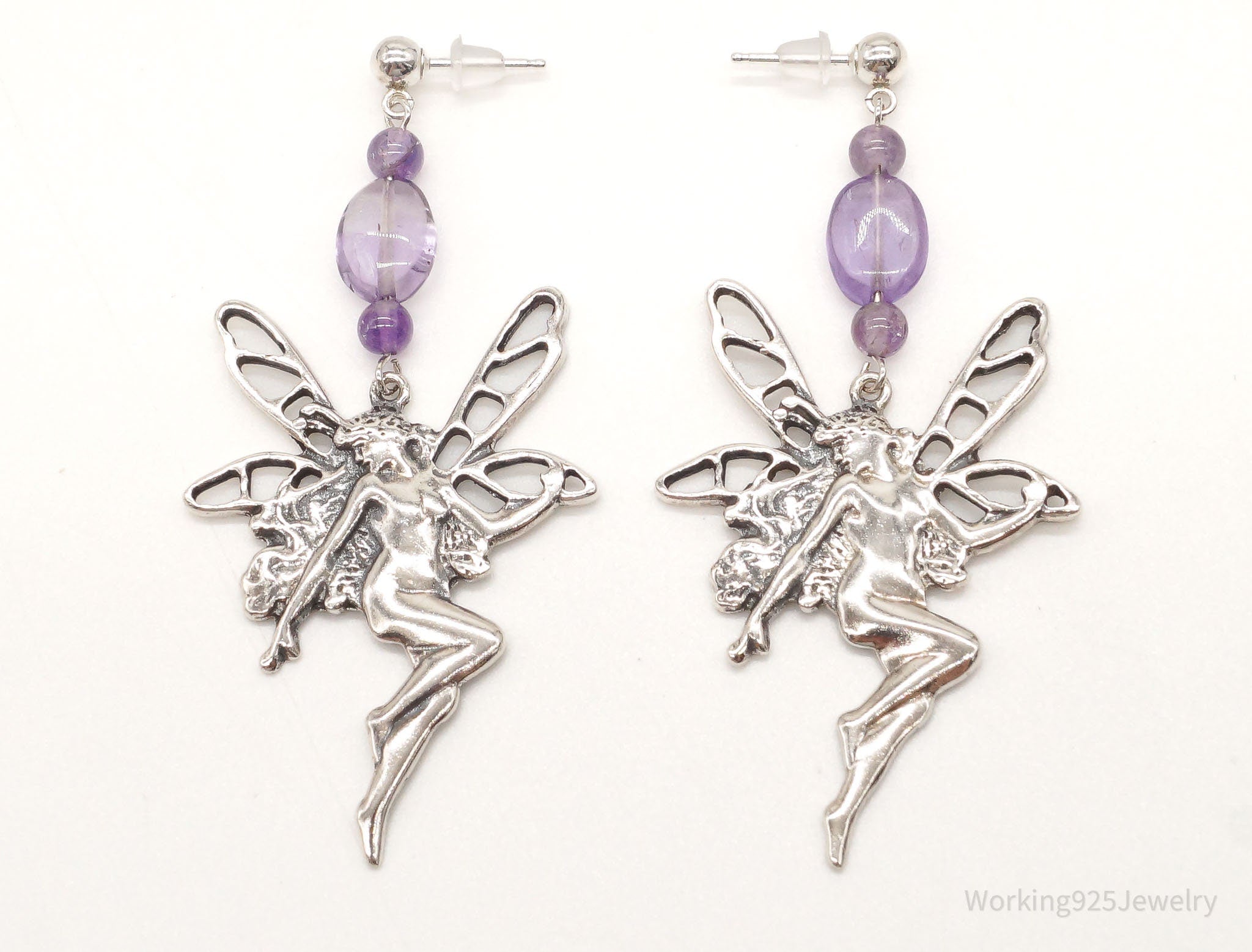 Vintage Designer Boma Amethyst Beads Sterling Silver Fairies Earrings