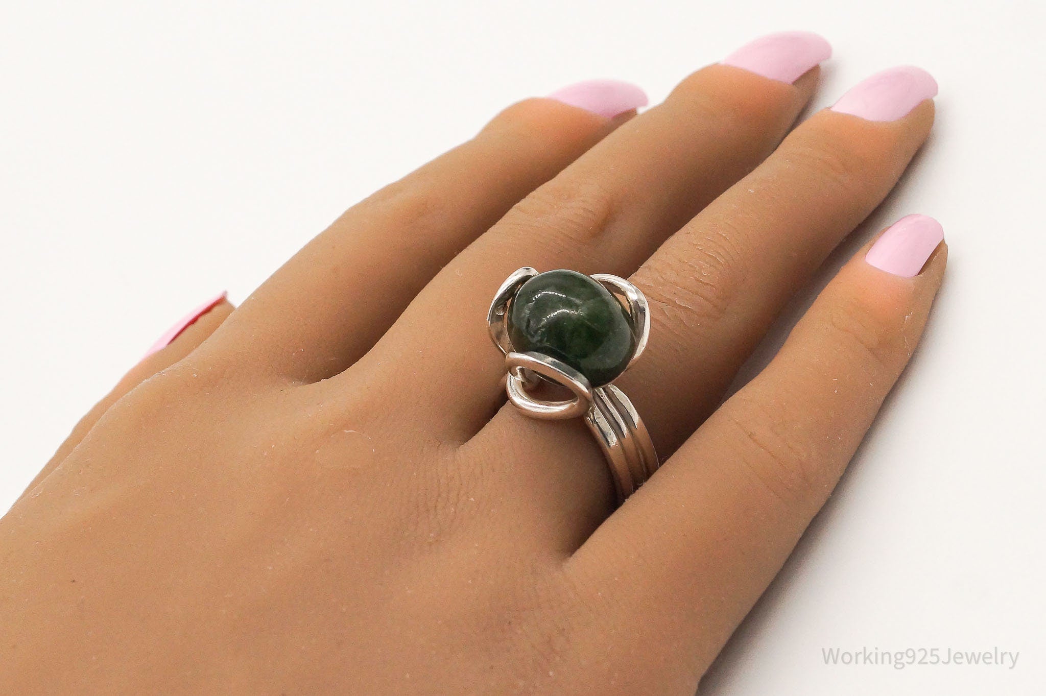 Vintage Green Emerald Modernist Silver Ring - Size 6.75