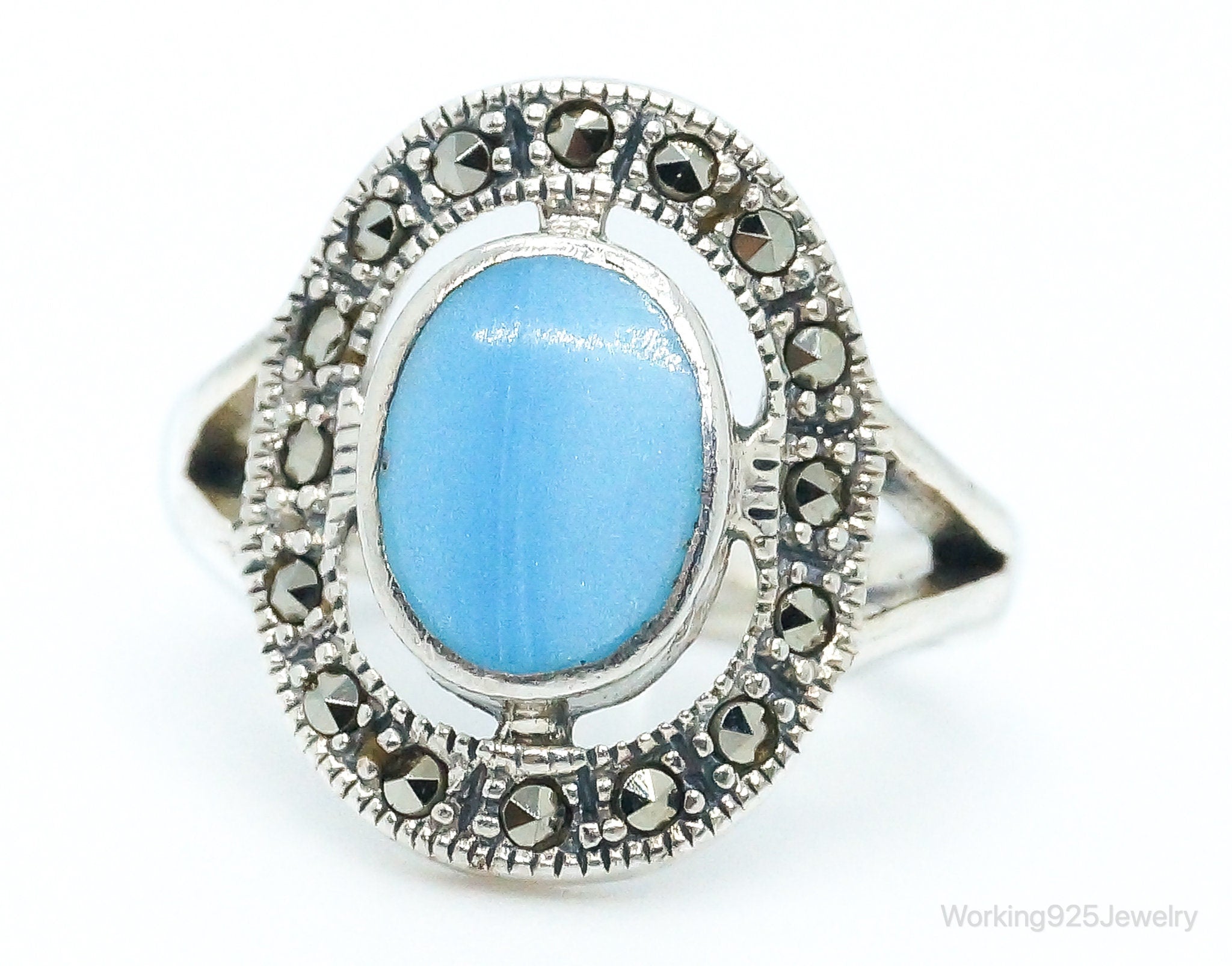 Vintage Art Deco Turquoise Marcasite Sterling Silver Ring - Size 5.75