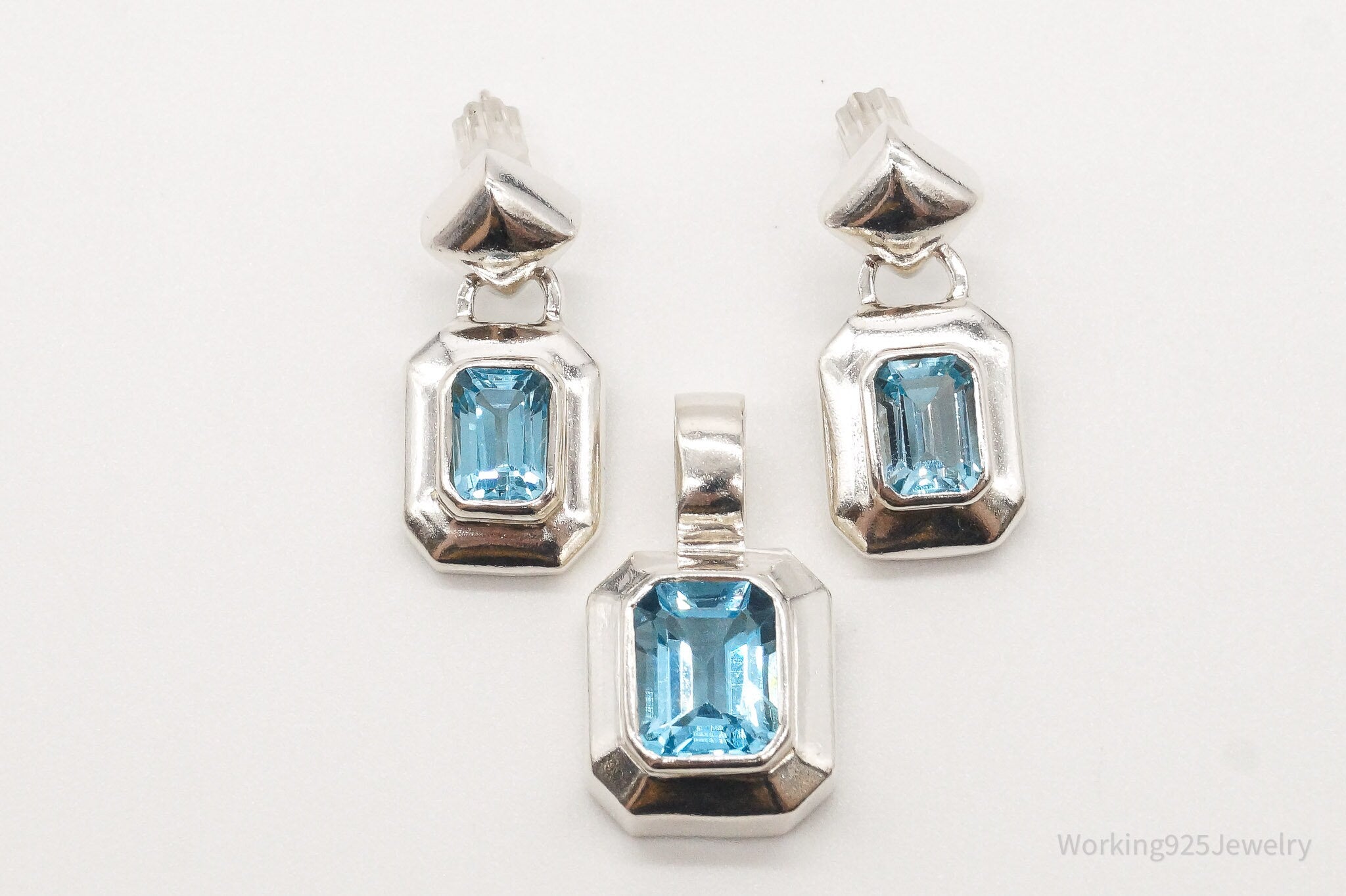 Vintage Blue Topaz Sterling Silver Pendant Earring Set