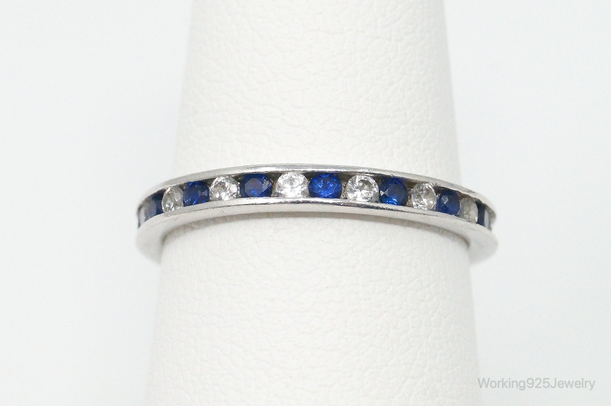 Vintage Designer Blue & White Cubic Zirconia Sterling Silver Ring - Size 6.25